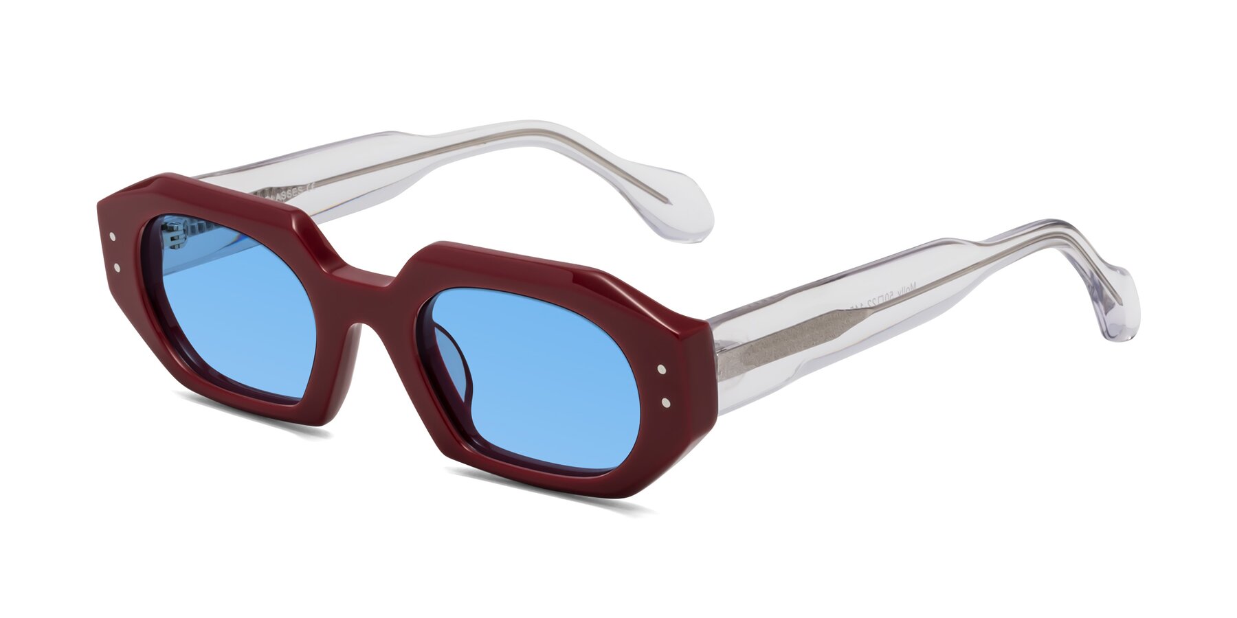 Angle of Molly in Maroon-Clear with Medium Blue Tinted Lenses