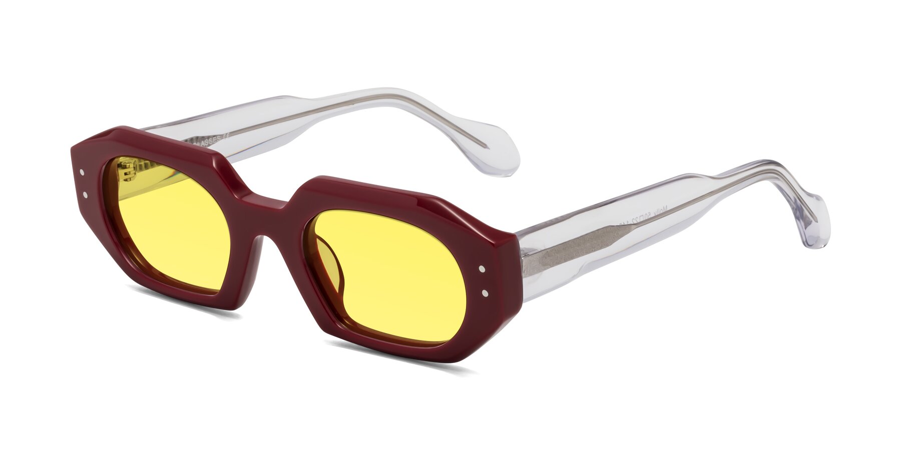 Angle of Molly in Maroon-Clear with Medium Yellow Tinted Lenses