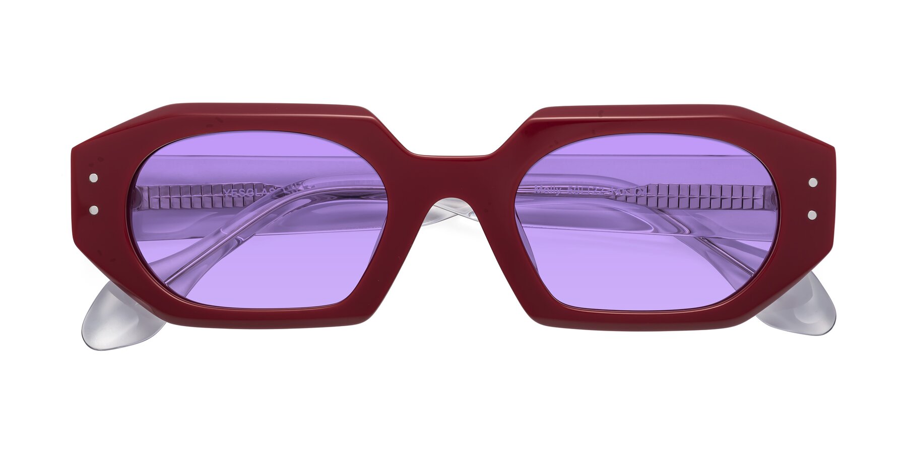 Folded Front of Molly in Maroon-Clear with Medium Purple Tinted Lenses