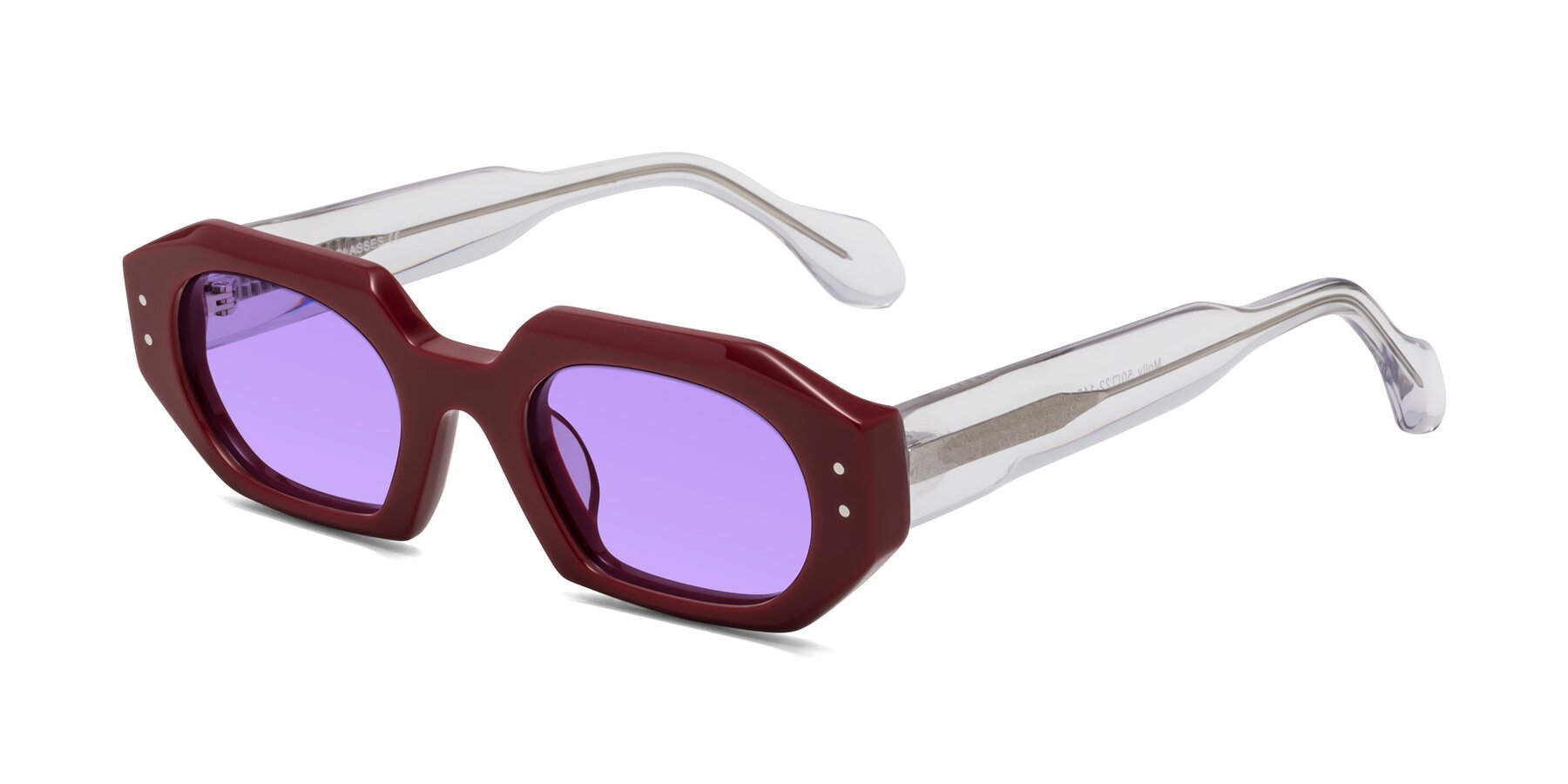 Angle of Molly in Maroon-Clear with Medium Purple Tinted Lenses