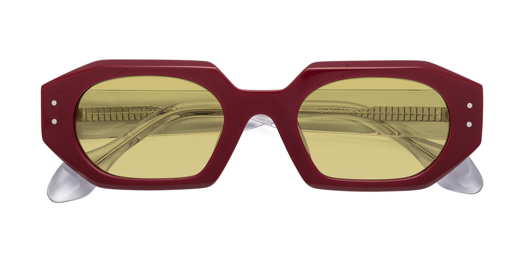 Folded Front of Molly in Maroon-Clear with Medium Champagne Tinted Lenses