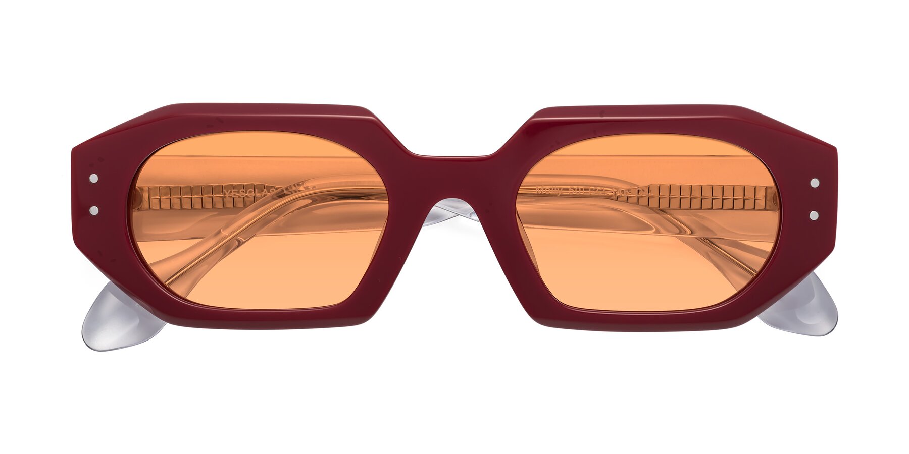 Folded Front of Molly in Maroon-Clear with Medium Orange Tinted Lenses