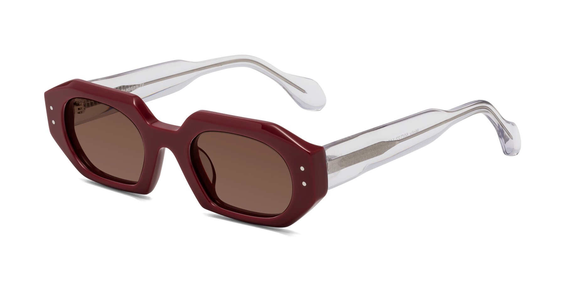 Angle of Molly in Maroon-Clear with Brown Tinted Lenses
