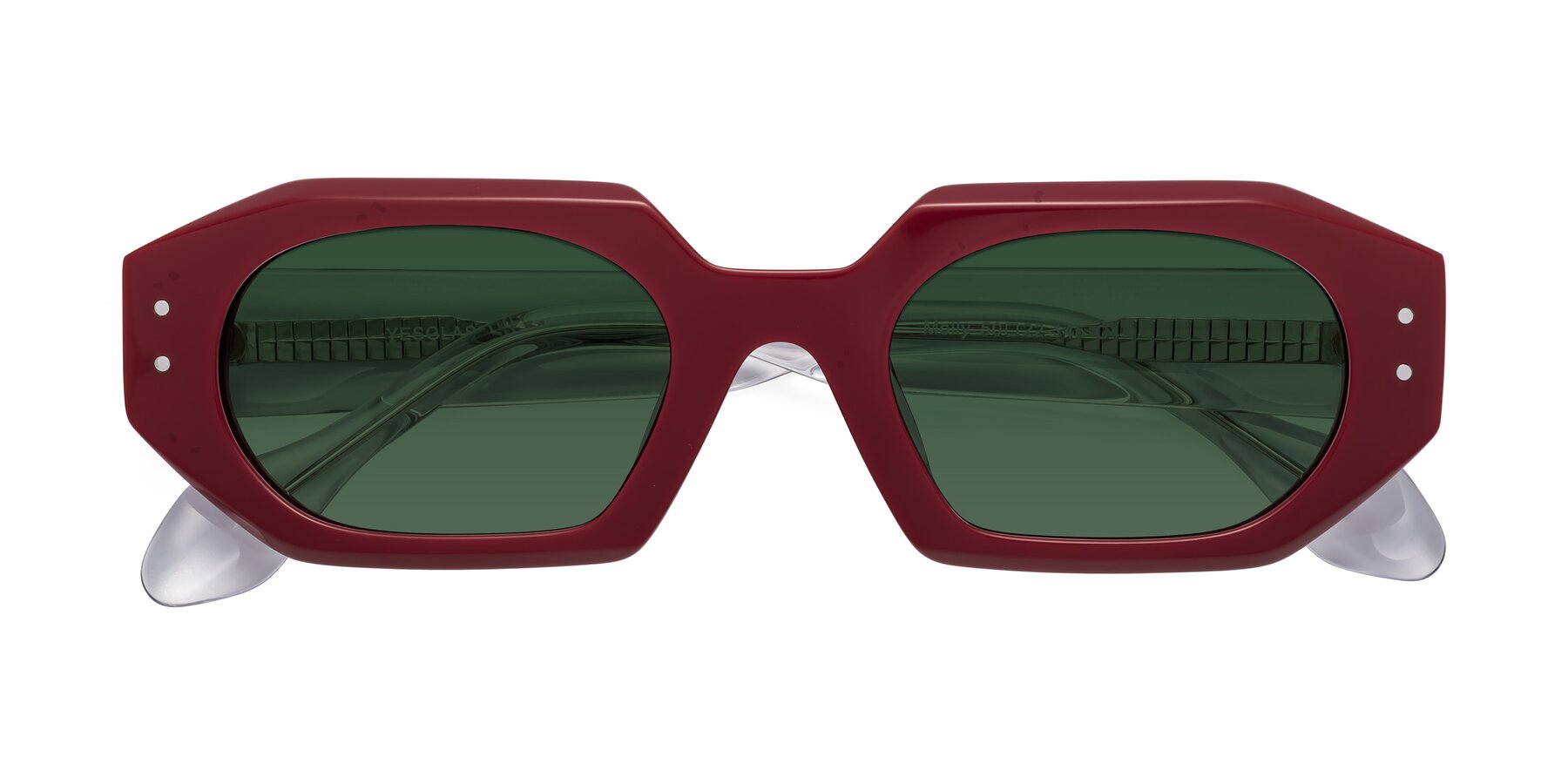 Folded Front of Molly in Maroon-Clear with Green Tinted Lenses