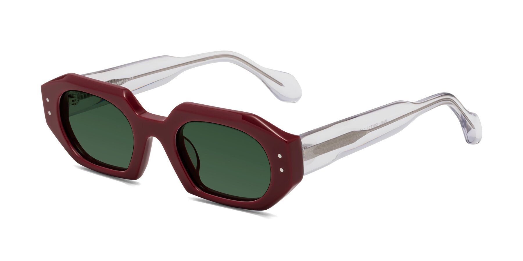 Angle of Molly in Maroon-Clear with Green Tinted Lenses