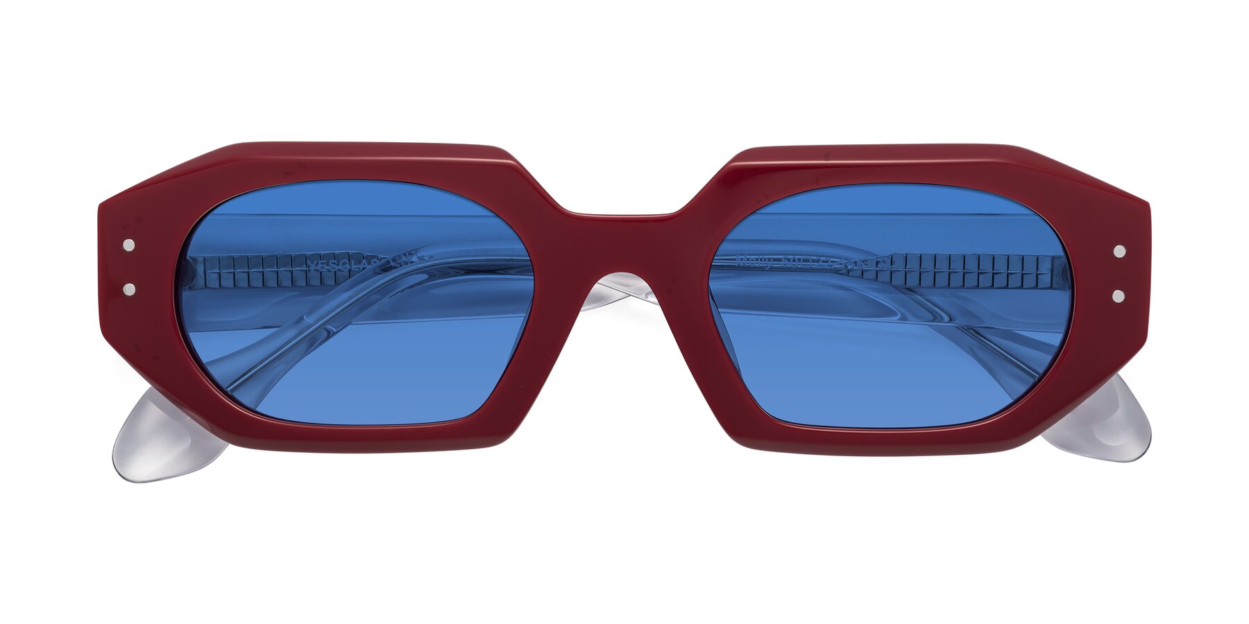 Folded Front of Molly in Maroon-Clear with Blue Tinted Lenses