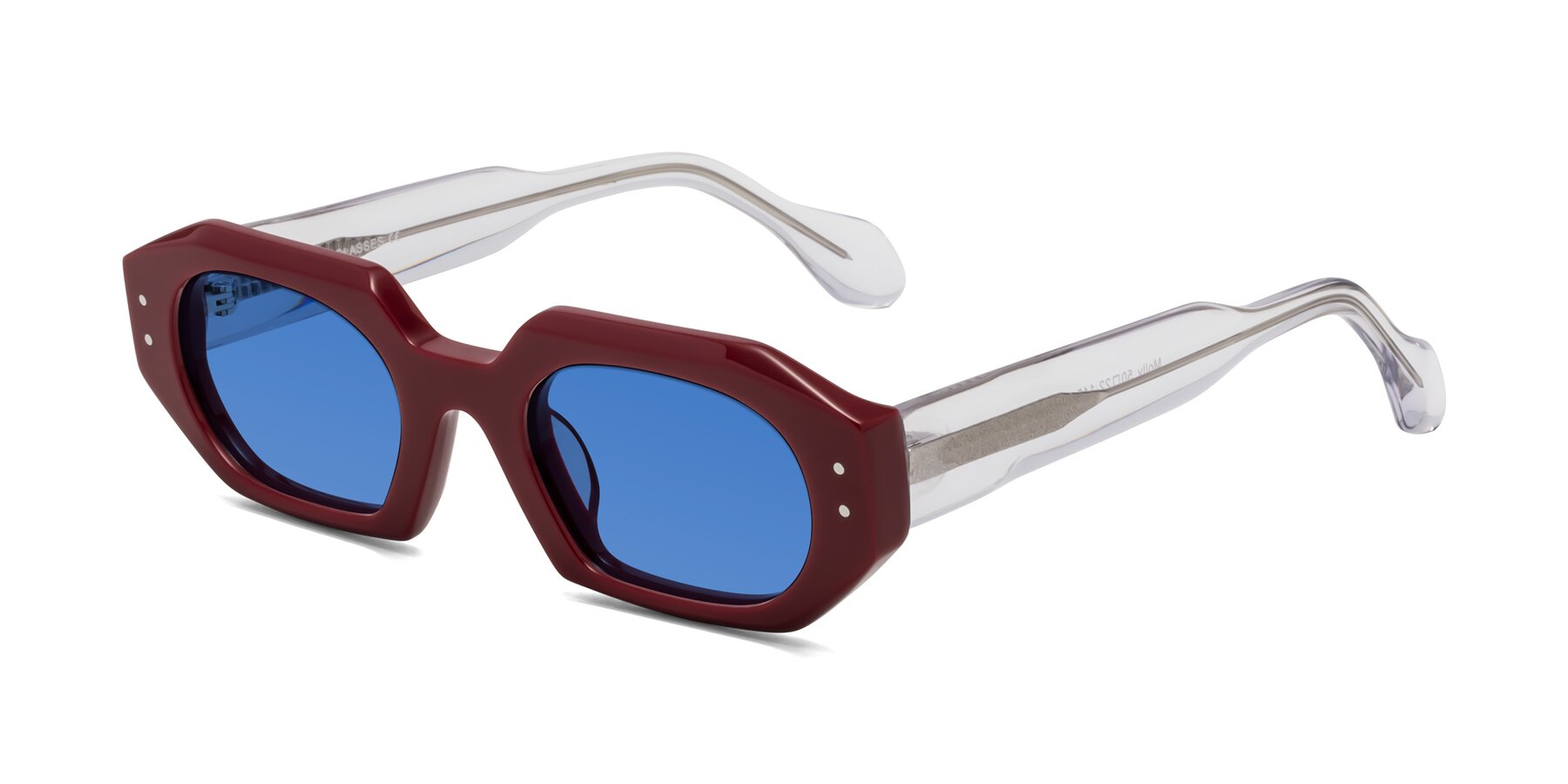 Angle of Molly in Maroon-Clear with Blue Tinted Lenses