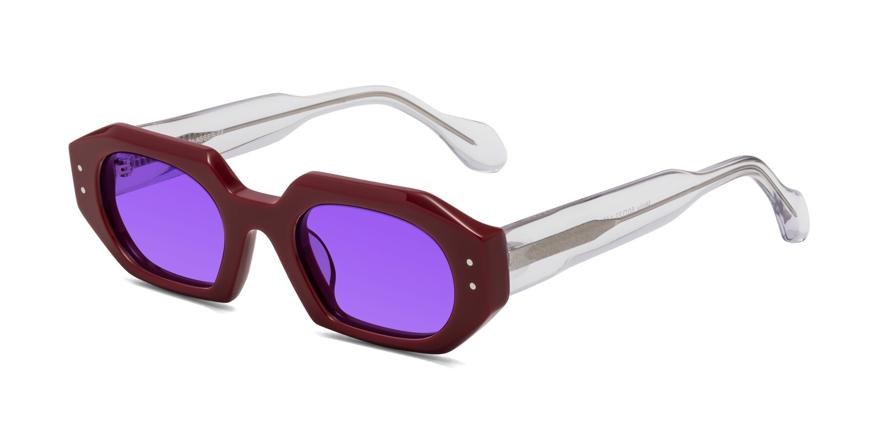 Angle of Molly in Maroon-Clear with Purple Tinted Lenses