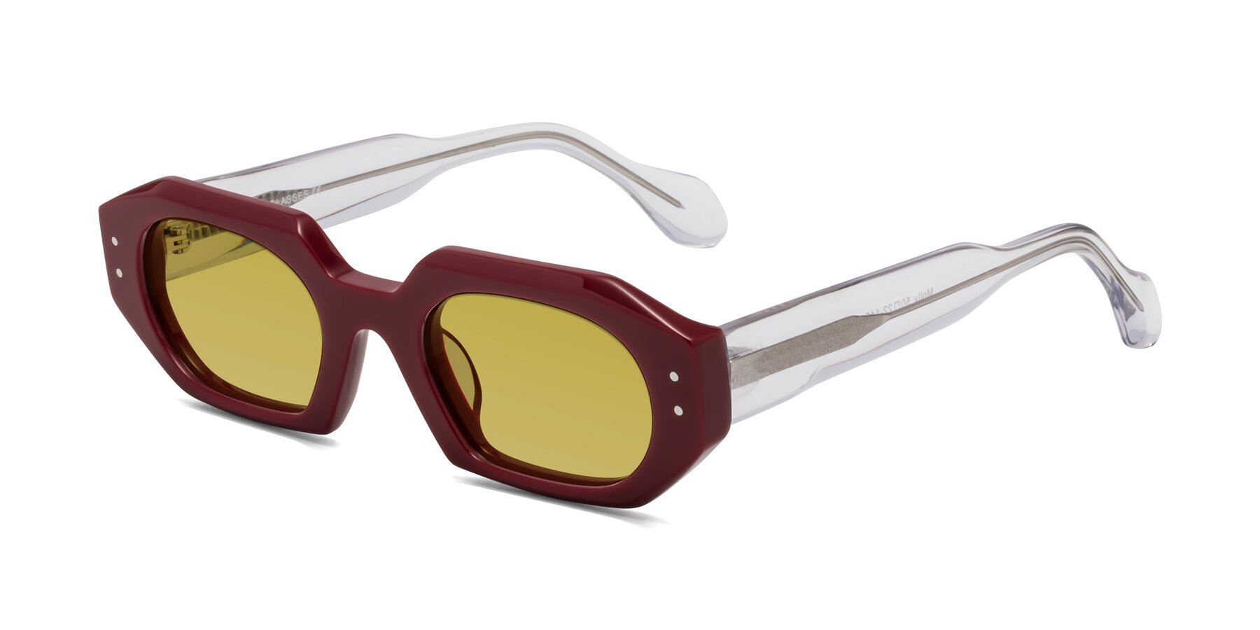 Angle of Molly in Maroon-Clear with Champagne Tinted Lenses