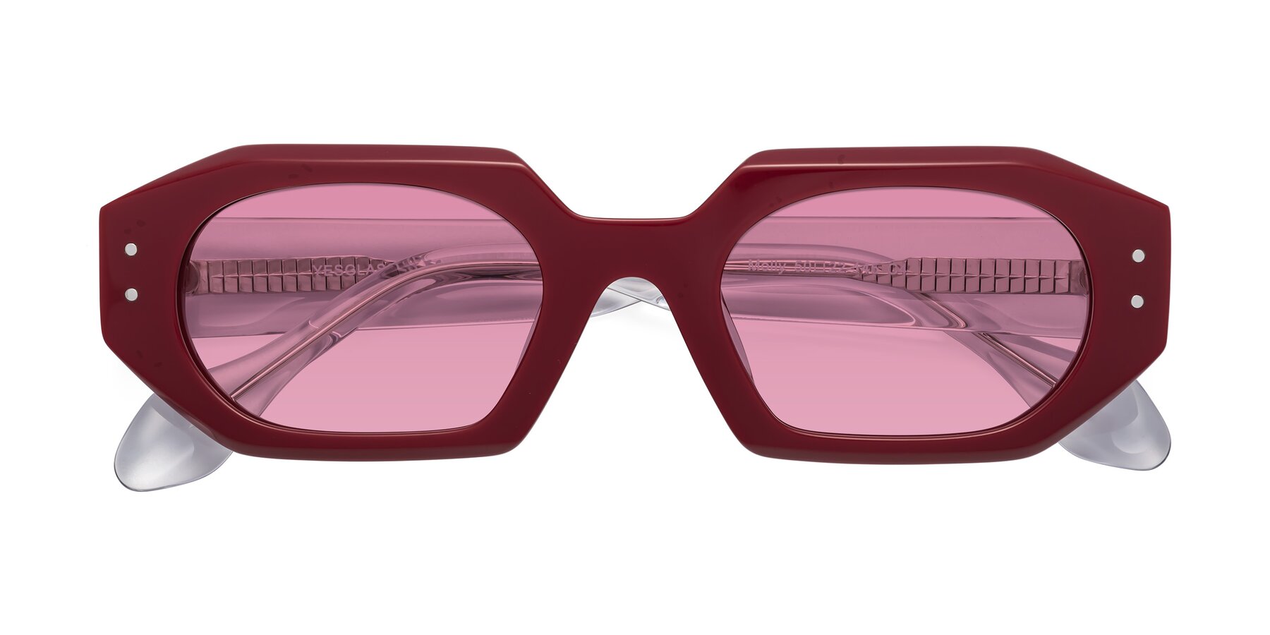 Folded Front of Molly in Maroon-Clear with Medium Wine Tinted Lenses