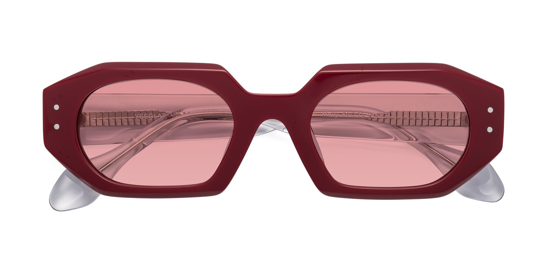 Folded Front of Molly in Maroon-Clear with Medium Garnet Tinted Lenses