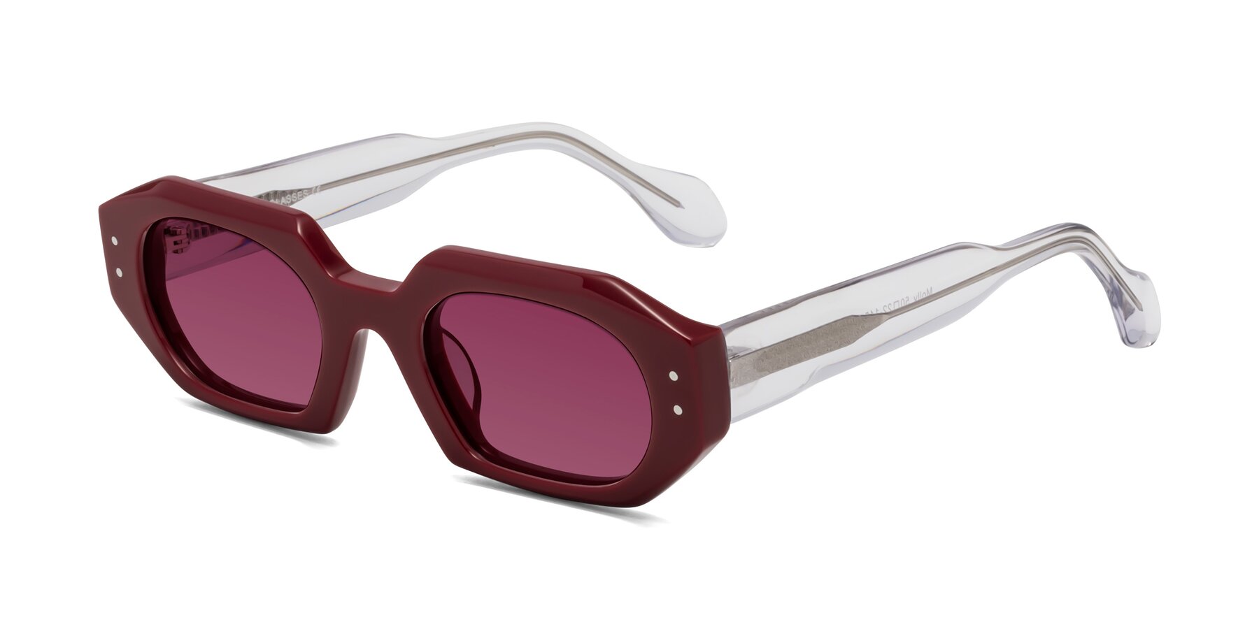 Angle of Molly in Maroon-Clear with Wine Tinted Lenses