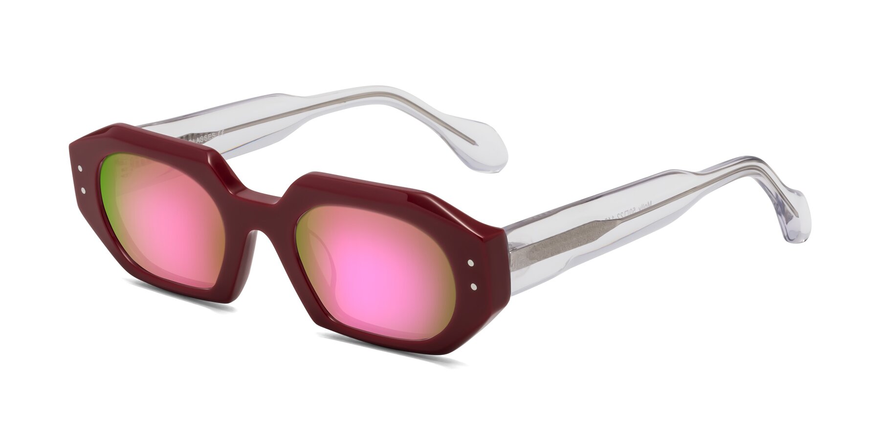 Angle of Molly in Maroon-Clear with Pink Mirrored Lenses