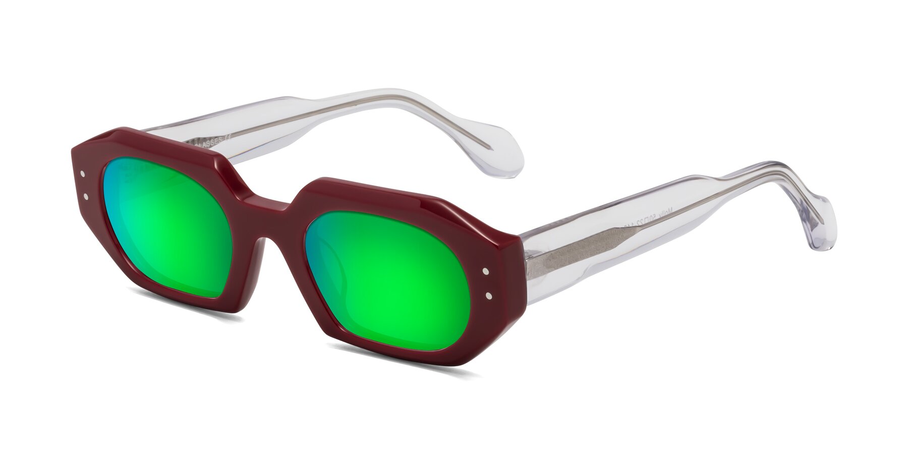 Angle of Molly in Maroon-Clear with Green Mirrored Lenses