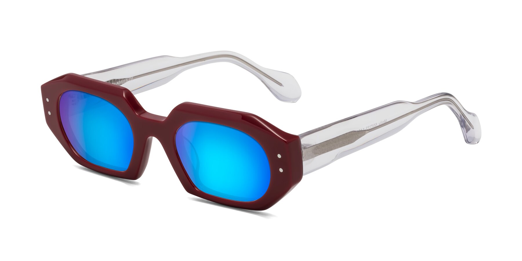 Angle of Molly in Maroon-Clear with Blue Mirrored Lenses