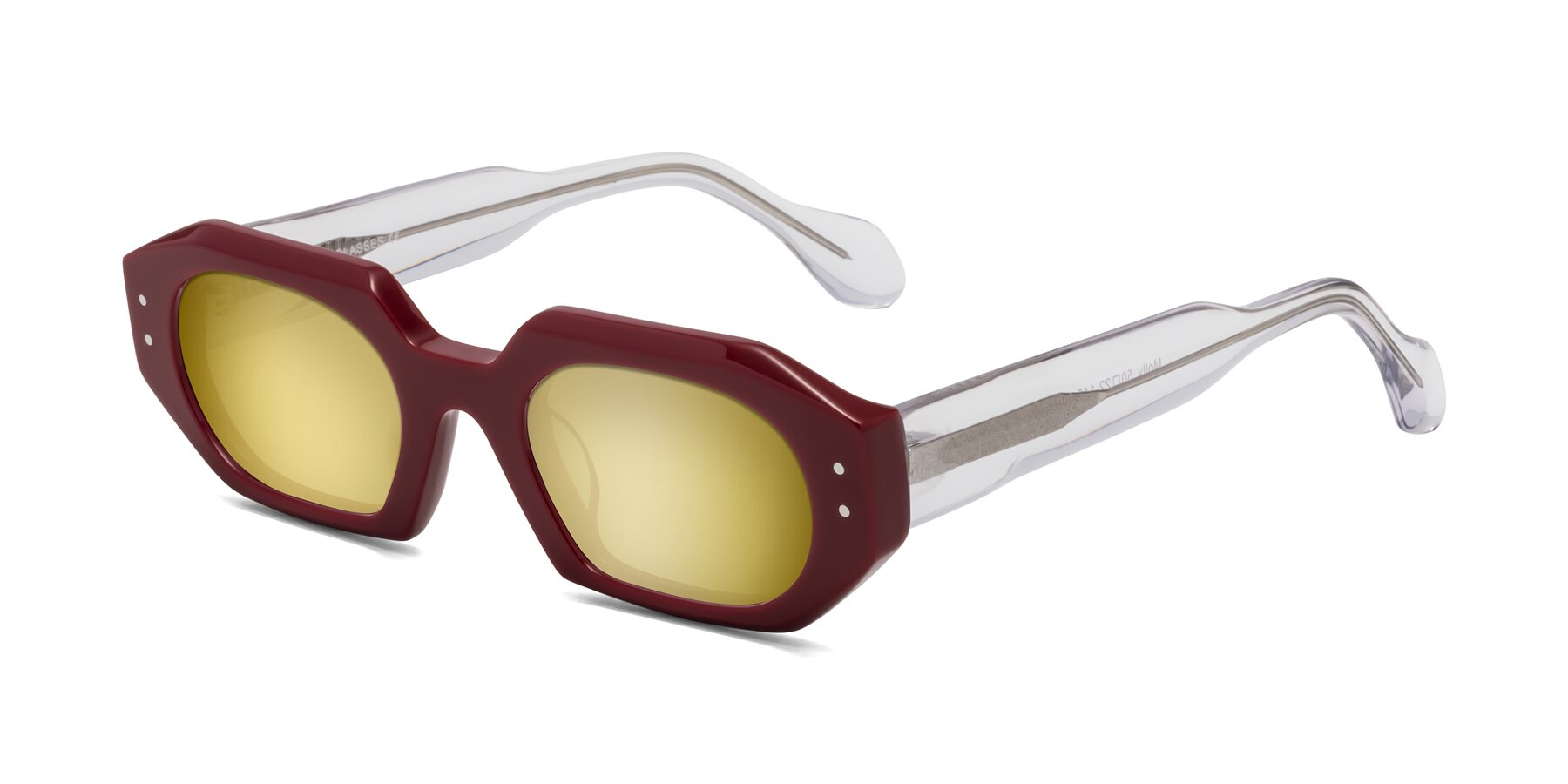 Angle of Molly in Maroon-Clear with Gold Mirrored Lenses
