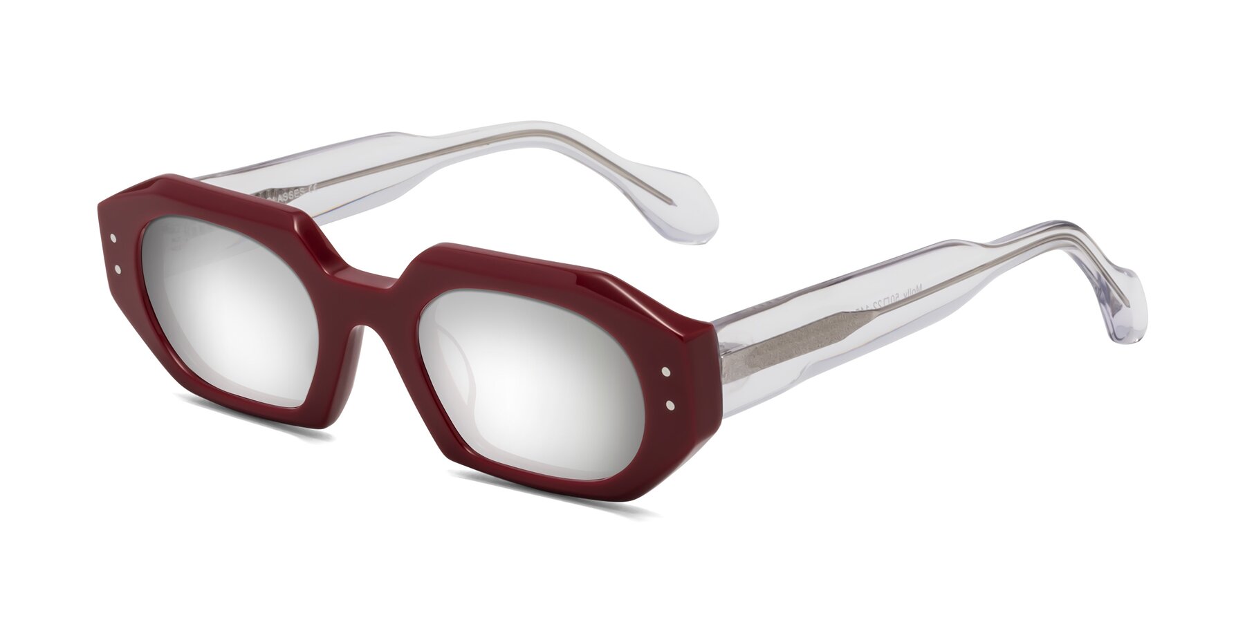 Angle of Molly in Maroon-Clear with Silver Mirrored Lenses