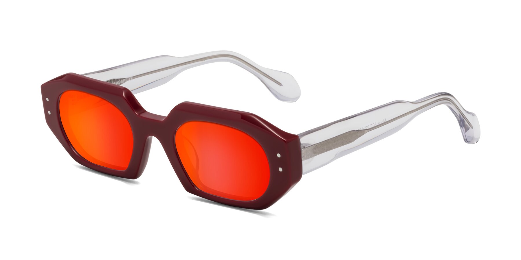 Angle of Molly in Maroon-Clear with Red Gold Mirrored Lenses