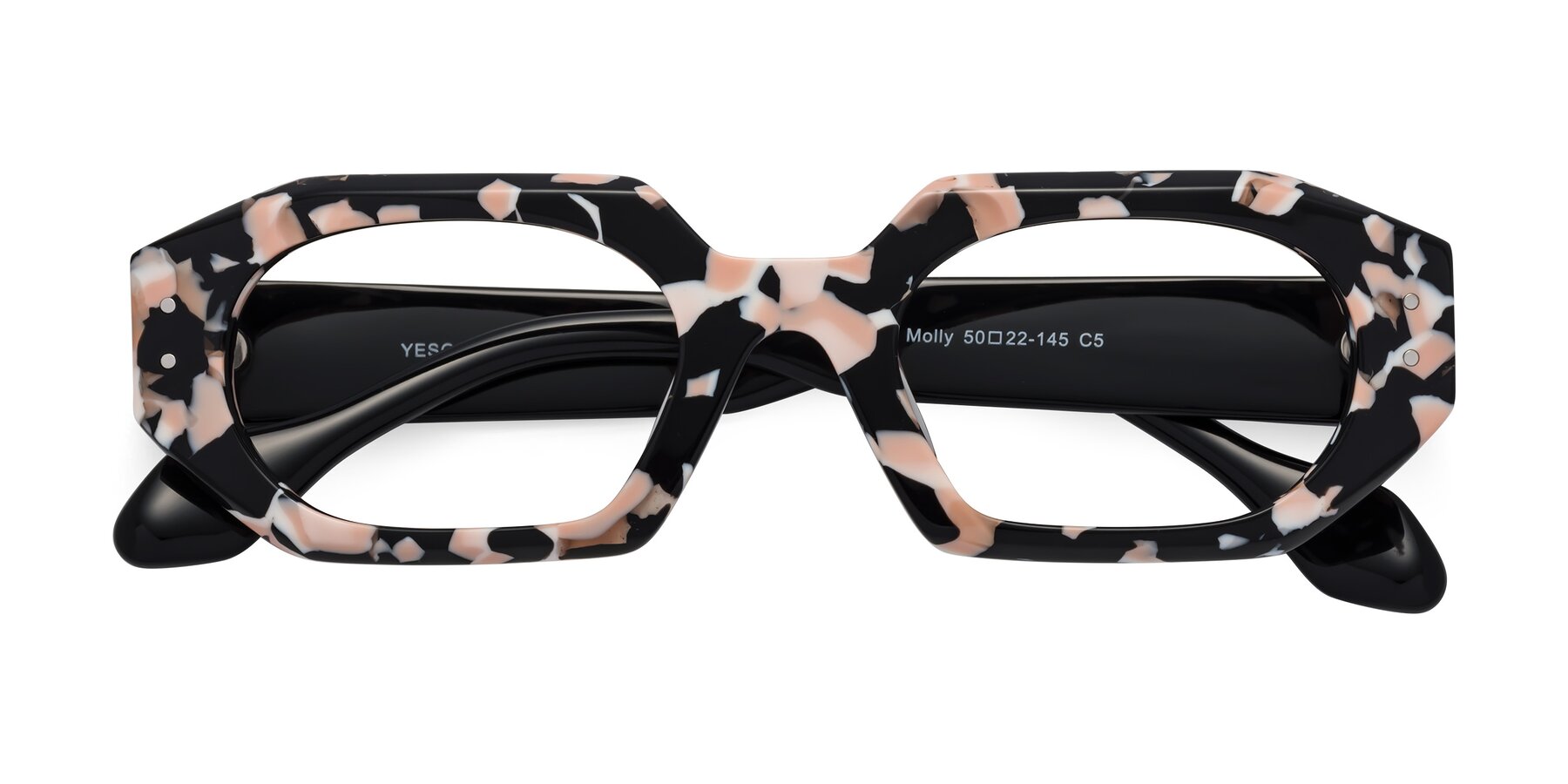 Folded Front of Molly in Pink Floral-Black with Clear Blue Light Blocking Lenses