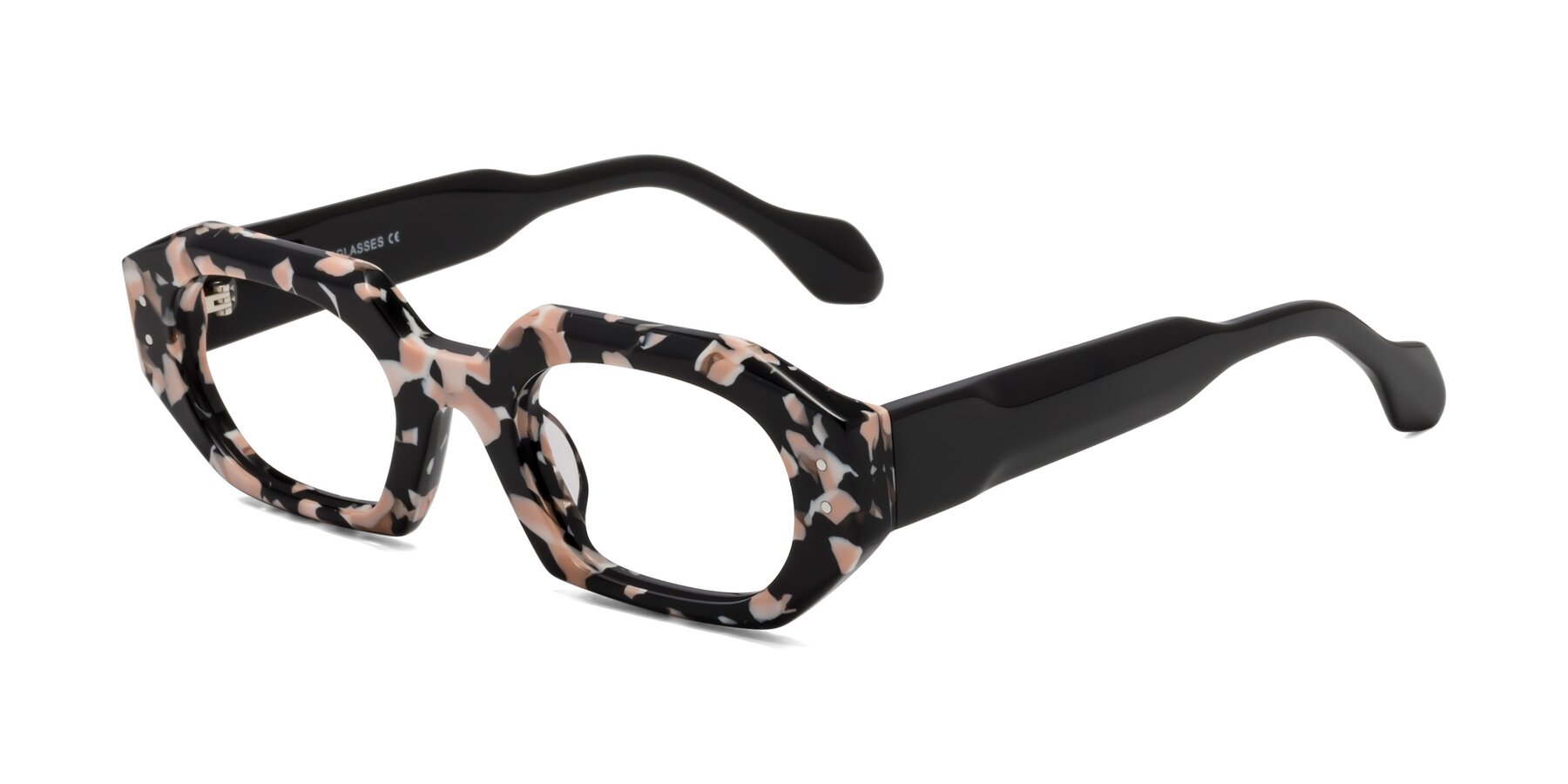 Angle of Molly in Pink Floral-Black with Clear Reading Eyeglass Lenses