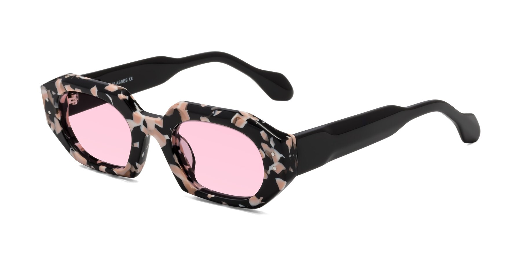 Angle of Molly in Pink Floral-Black with Light Pink Tinted Lenses