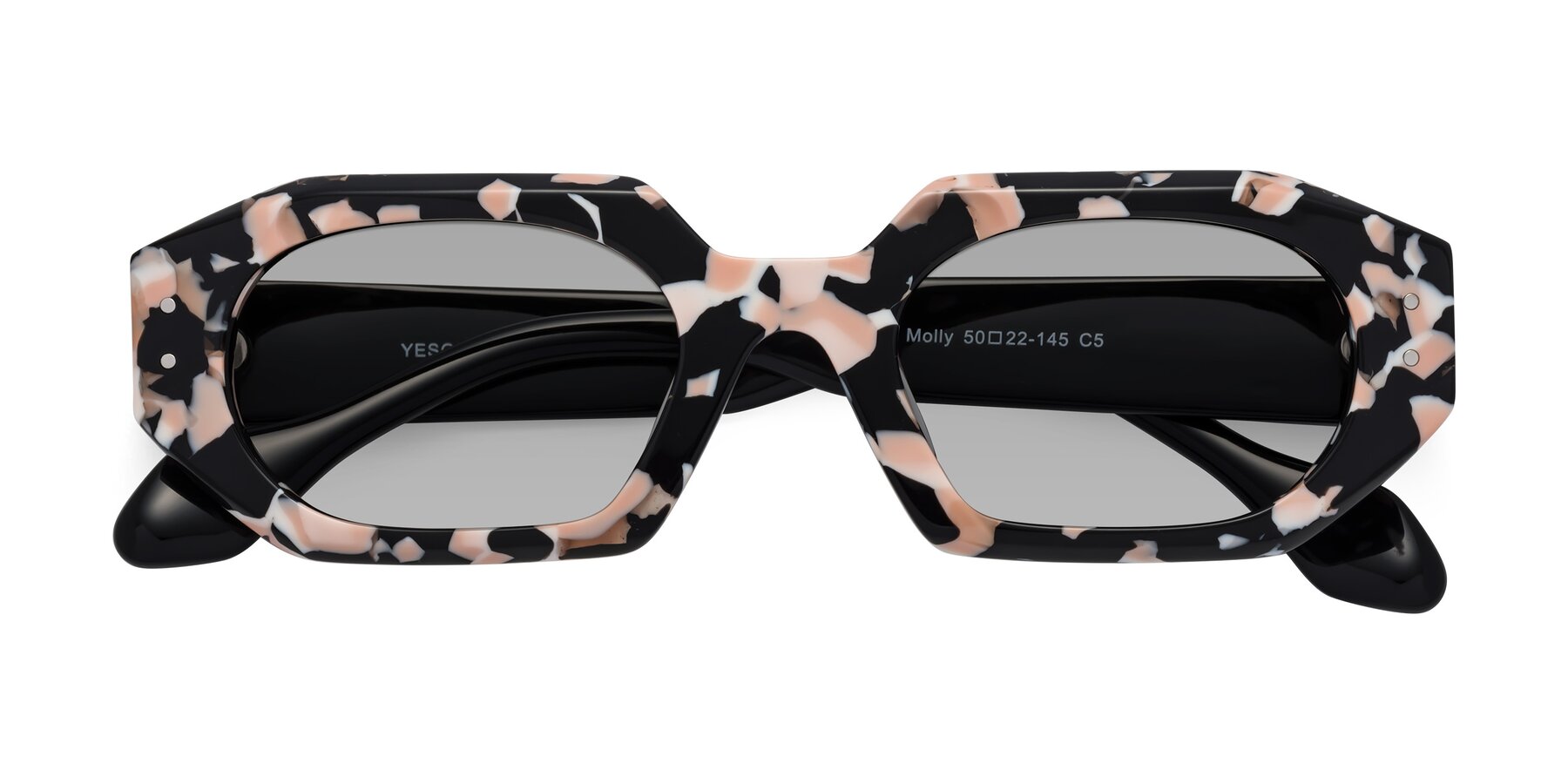 Folded Front of Molly in Pink Floral-Black with Light Gray Tinted Lenses