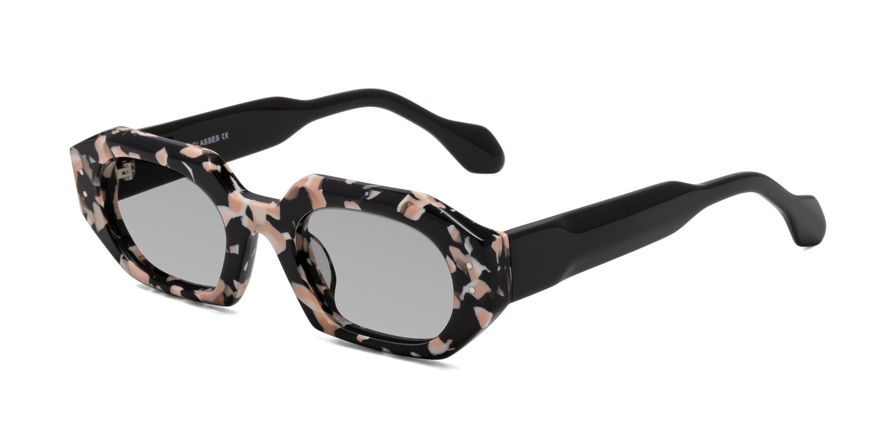 Angle of Molly in Pink Floral-Black with Light Gray Tinted Lenses