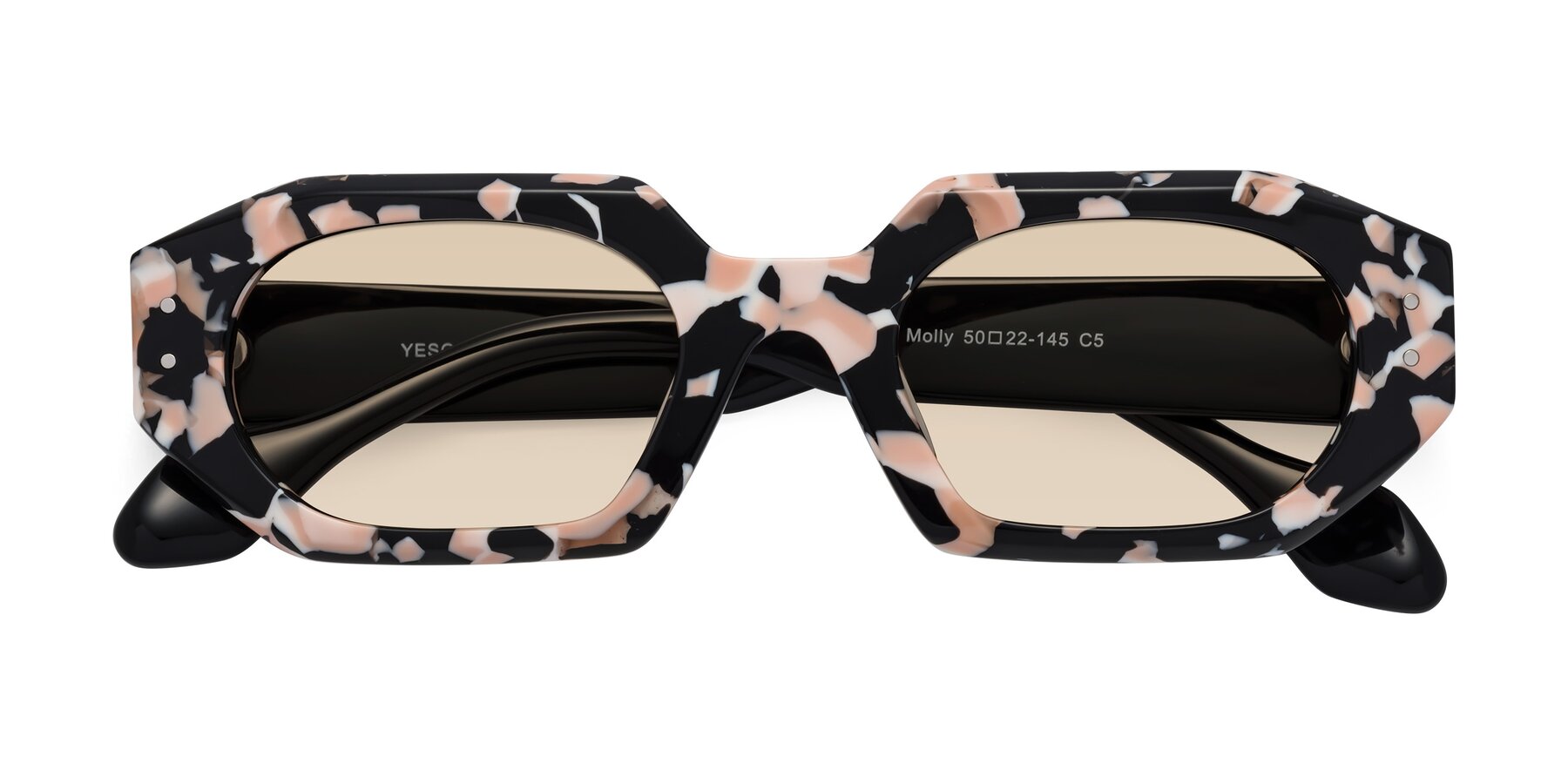 Folded Front of Molly in Pink Floral-Black with Light Brown Tinted Lenses