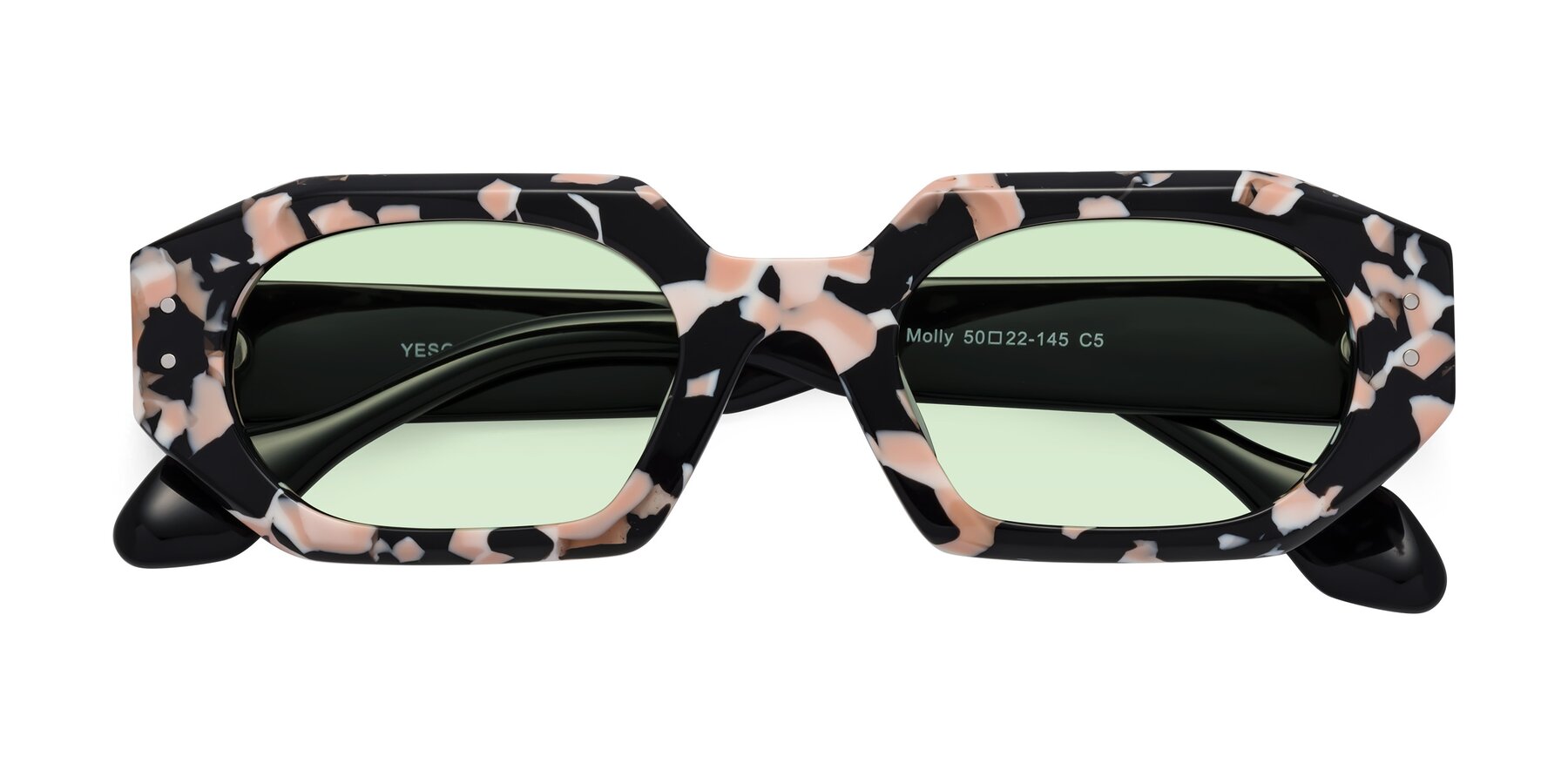 Folded Front of Molly in Pink Floral-Black with Light Green Tinted Lenses