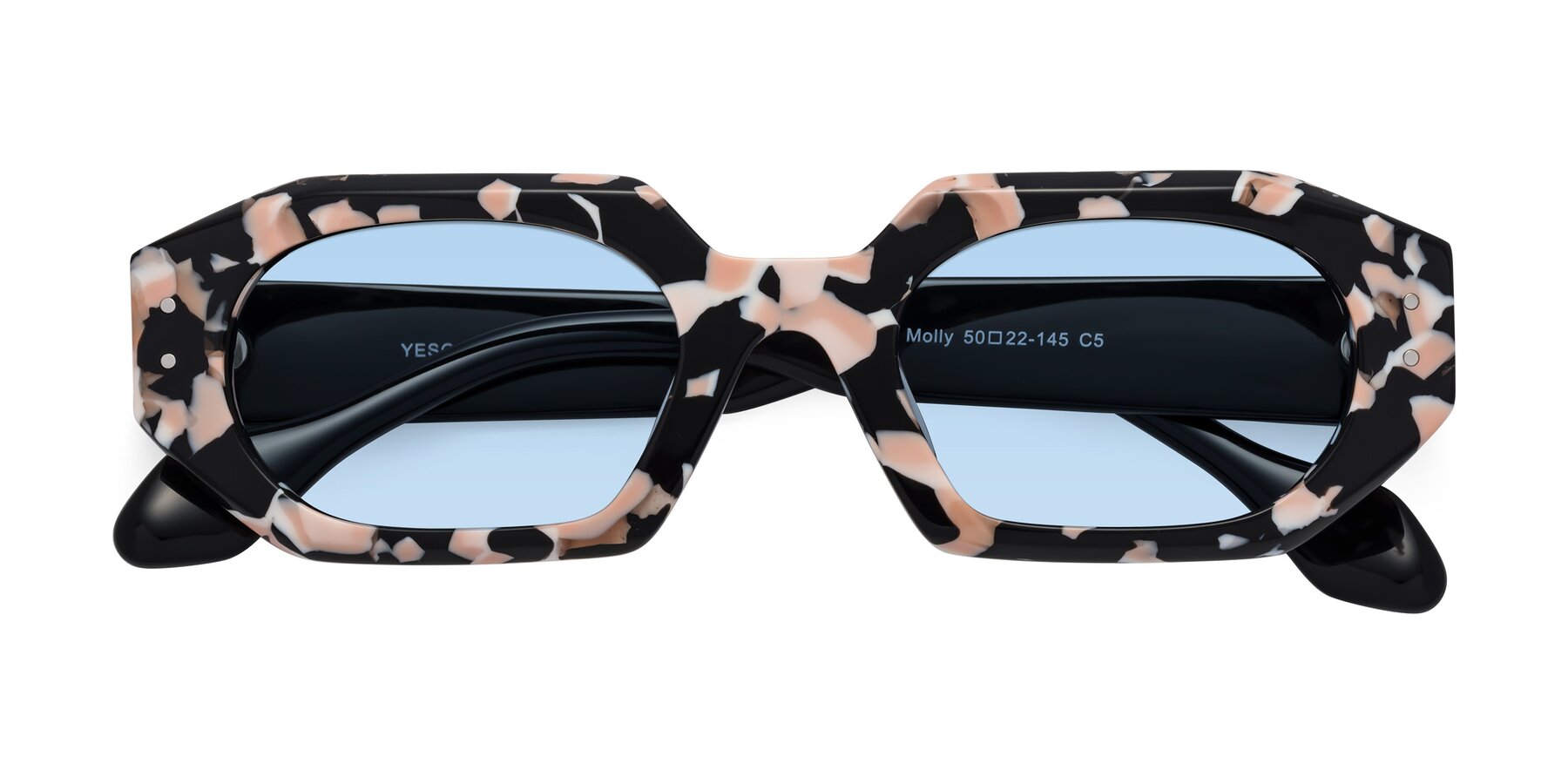 Folded Front of Molly in Pink Floral-Black with Light Blue Tinted Lenses