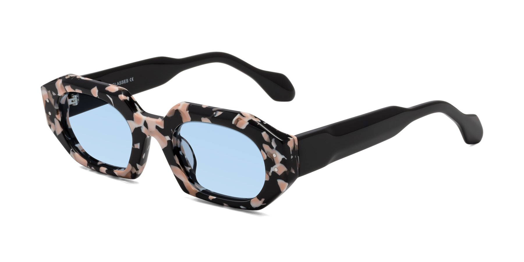Angle of Molly in Pink Floral-Black with Light Blue Tinted Lenses