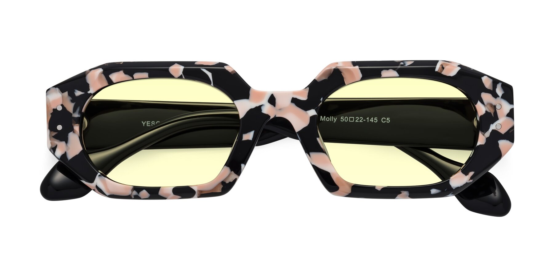 Folded Front of Molly in Pink Floral-Black with Light Yellow Tinted Lenses