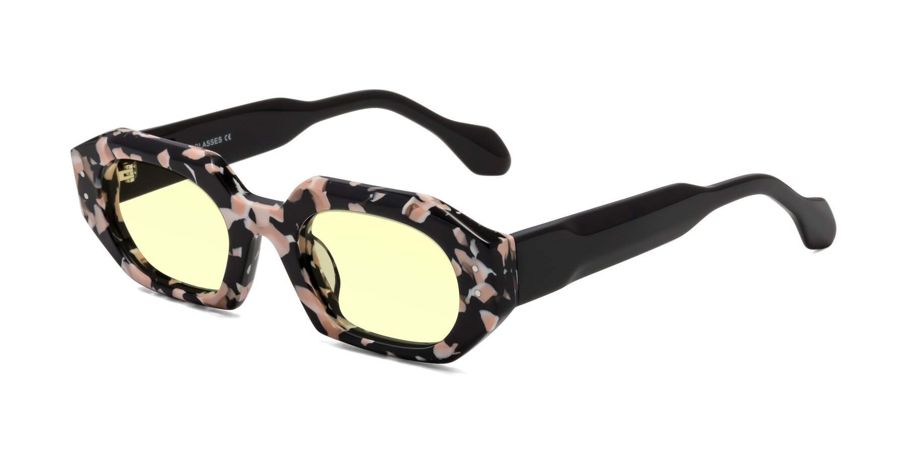 Angle of Molly in Pink Floral-Black with Light Yellow Tinted Lenses
