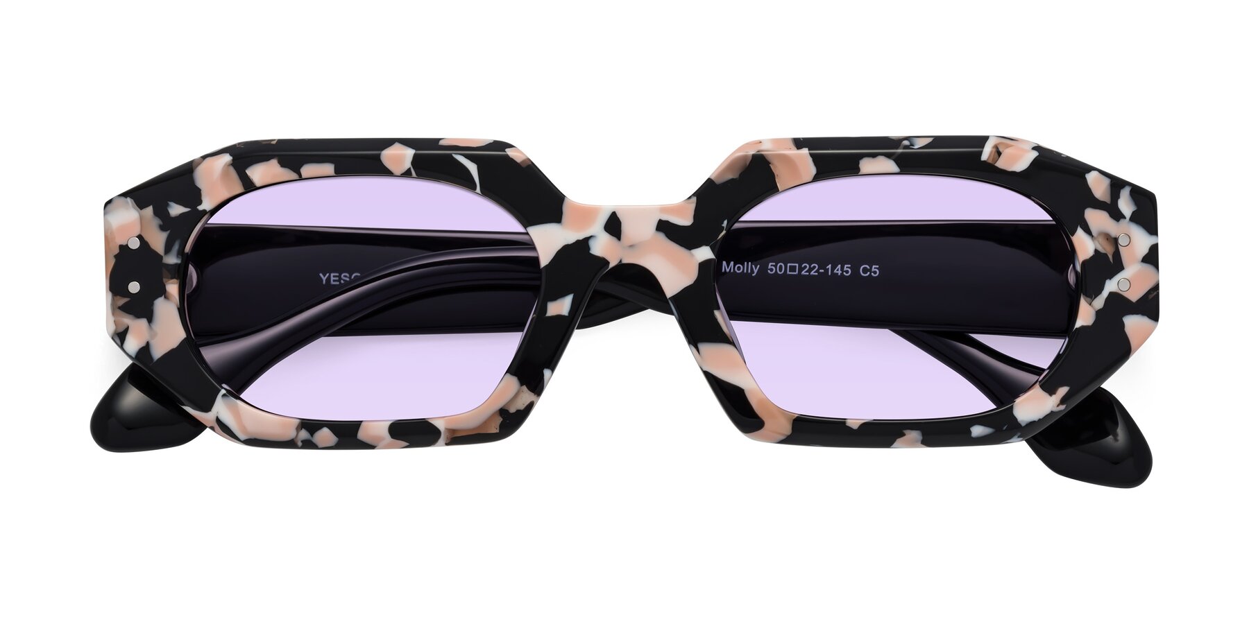 Folded Front of Molly in Pink Floral-Black with Light Purple Tinted Lenses