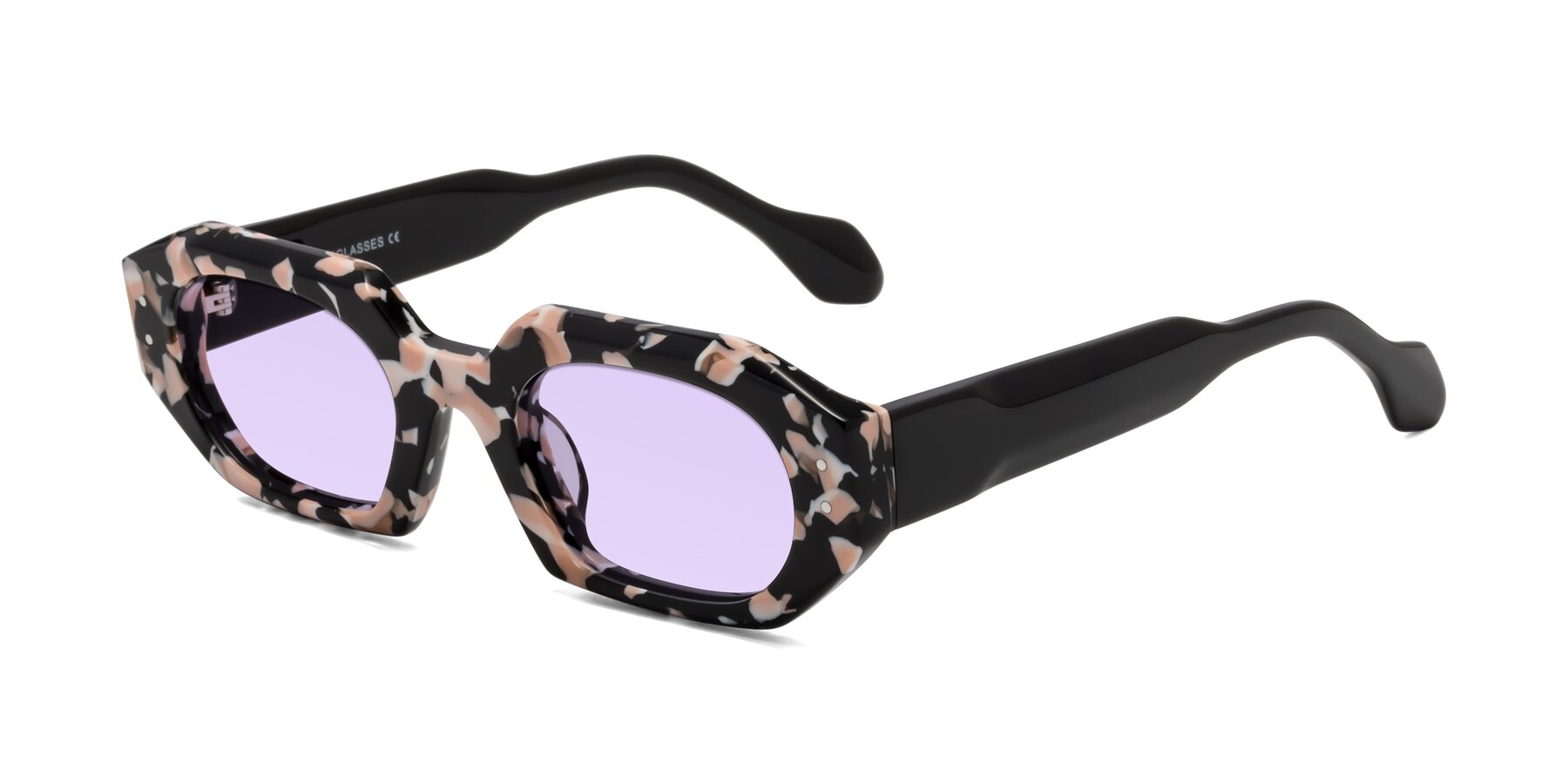 Angle of Molly in Pink Floral-Black with Light Purple Tinted Lenses