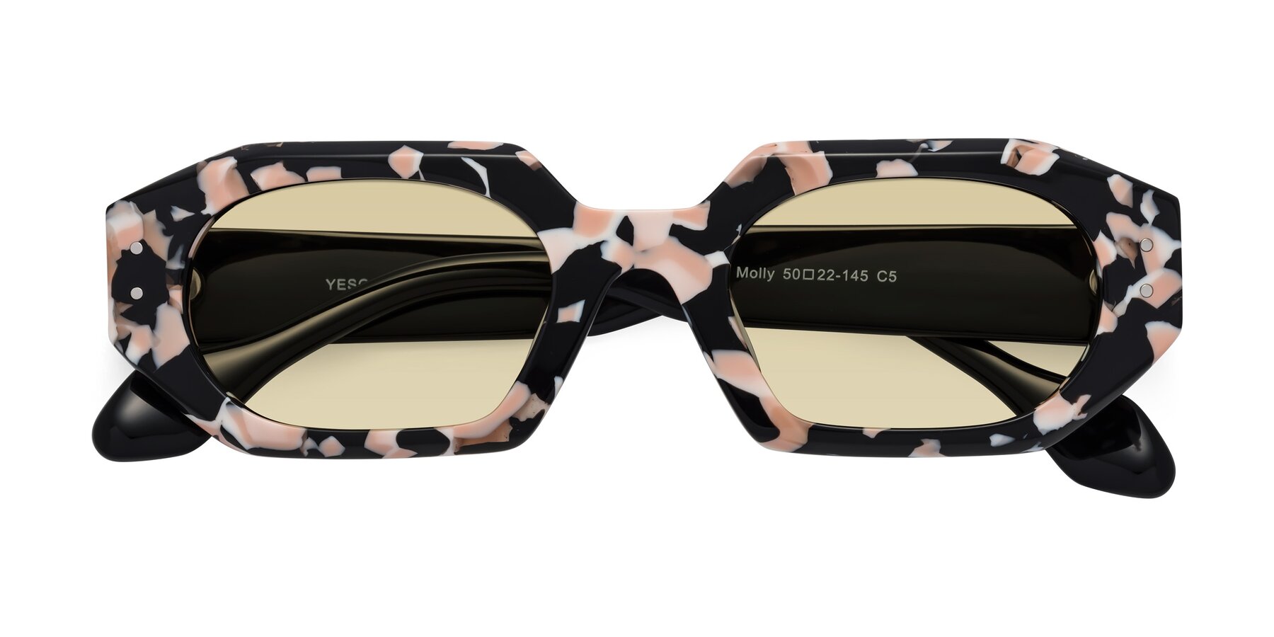 Folded Front of Molly in Pink Floral-Black with Light Champagne Tinted Lenses