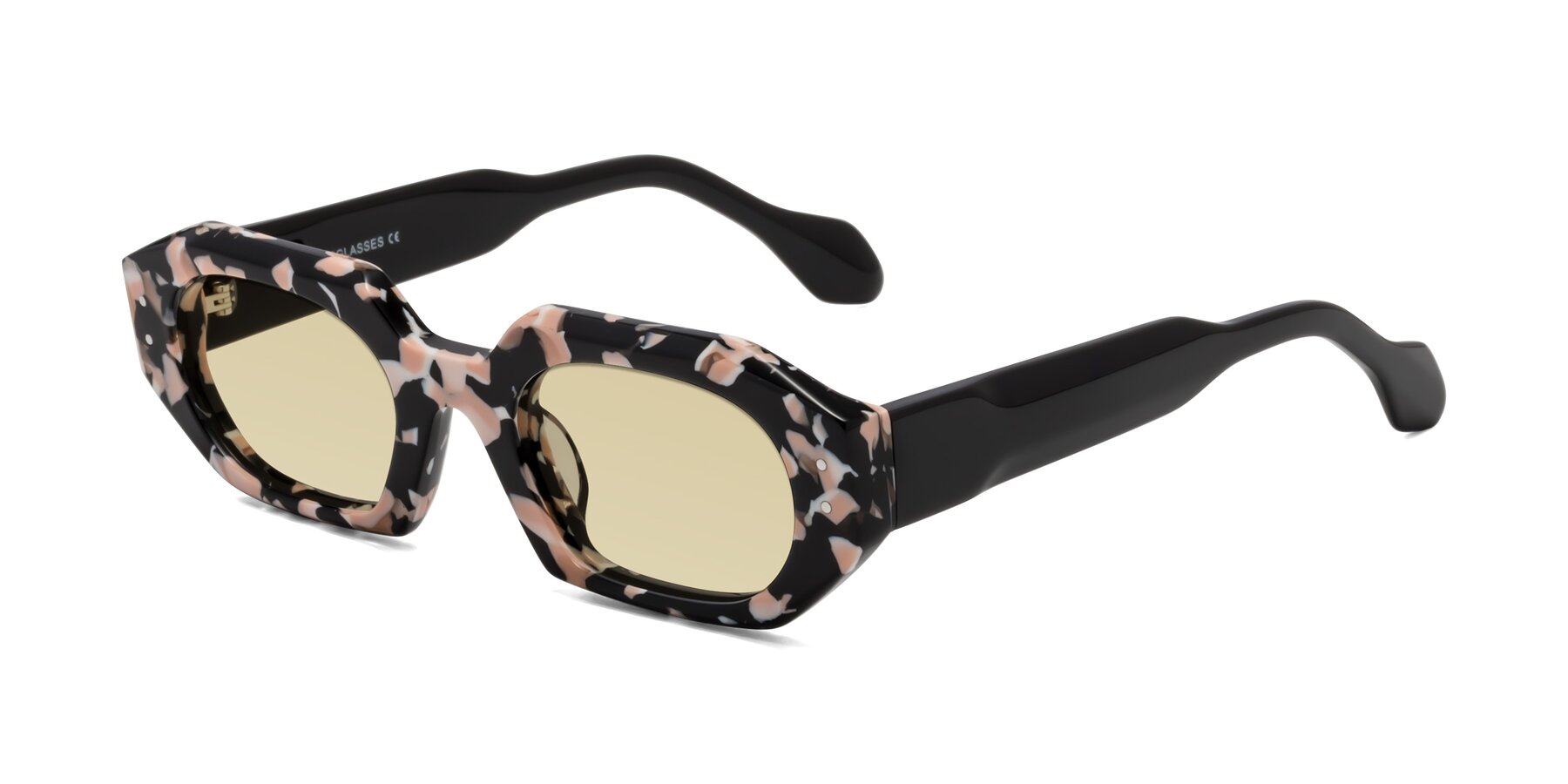 Angle of Molly in Pink Floral-Black with Light Champagne Tinted Lenses