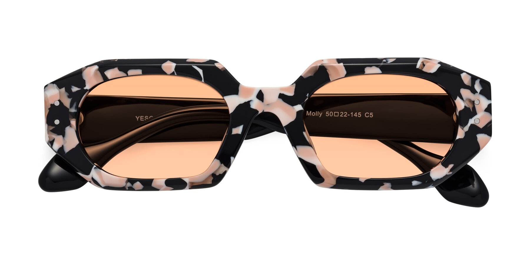 Folded Front of Molly in Pink Floral-Black with Light Orange Tinted Lenses