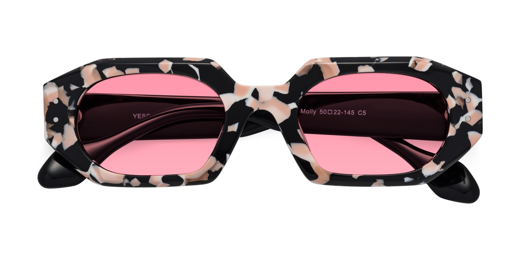 Folded Front of Molly in Pink Floral-Black with Pink Tinted Lenses