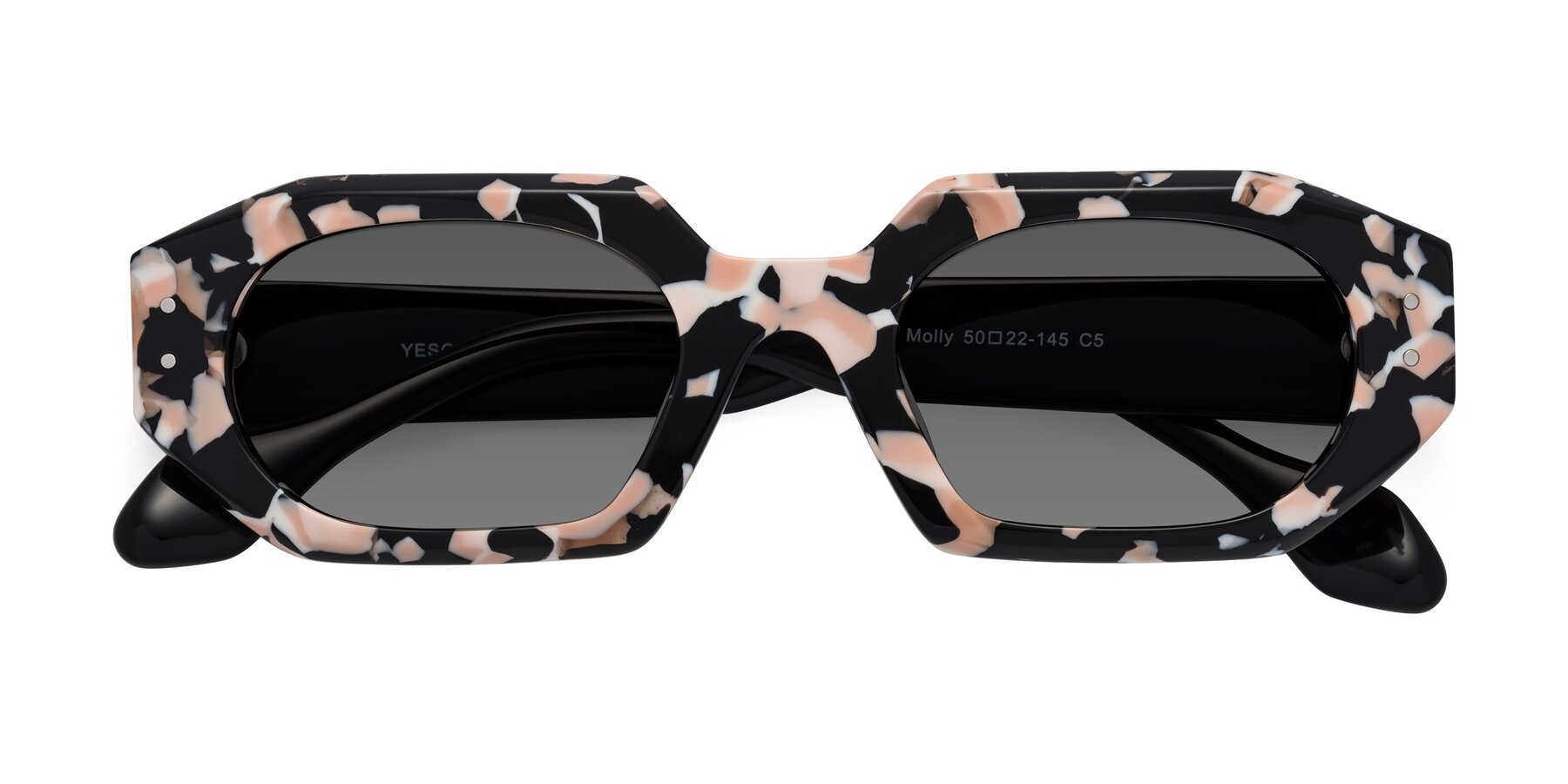Folded Front of Molly in Pink Floral-Black with Medium Gray Tinted Lenses