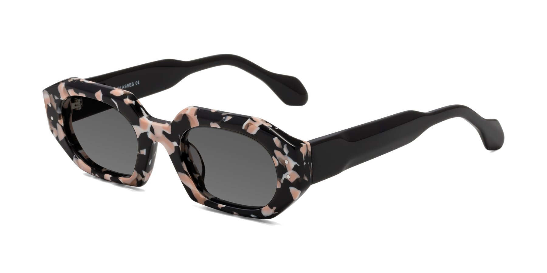 Angle of Molly in Pink Floral-Black with Medium Gray Tinted Lenses