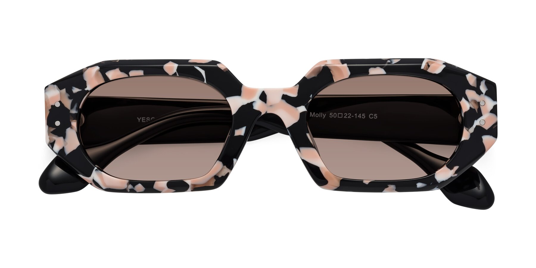 Folded Front of Molly in Pink Floral-Black with Medium Brown Tinted Lenses