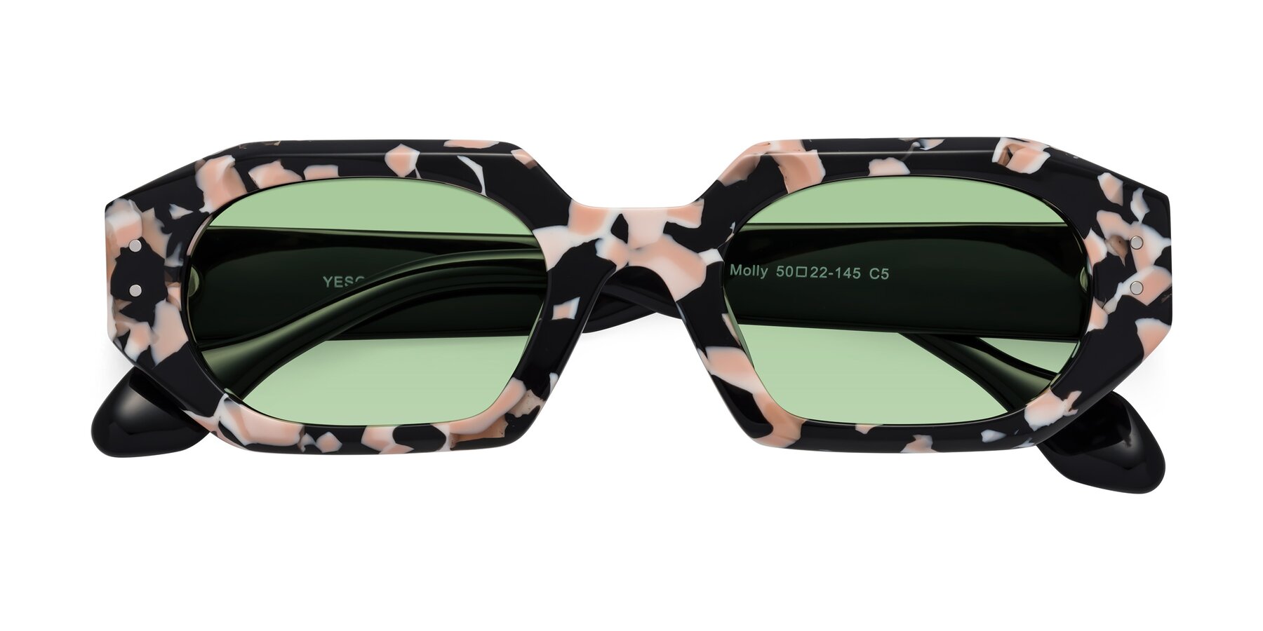 Folded Front of Molly in Pink Floral-Black with Medium Green Tinted Lenses