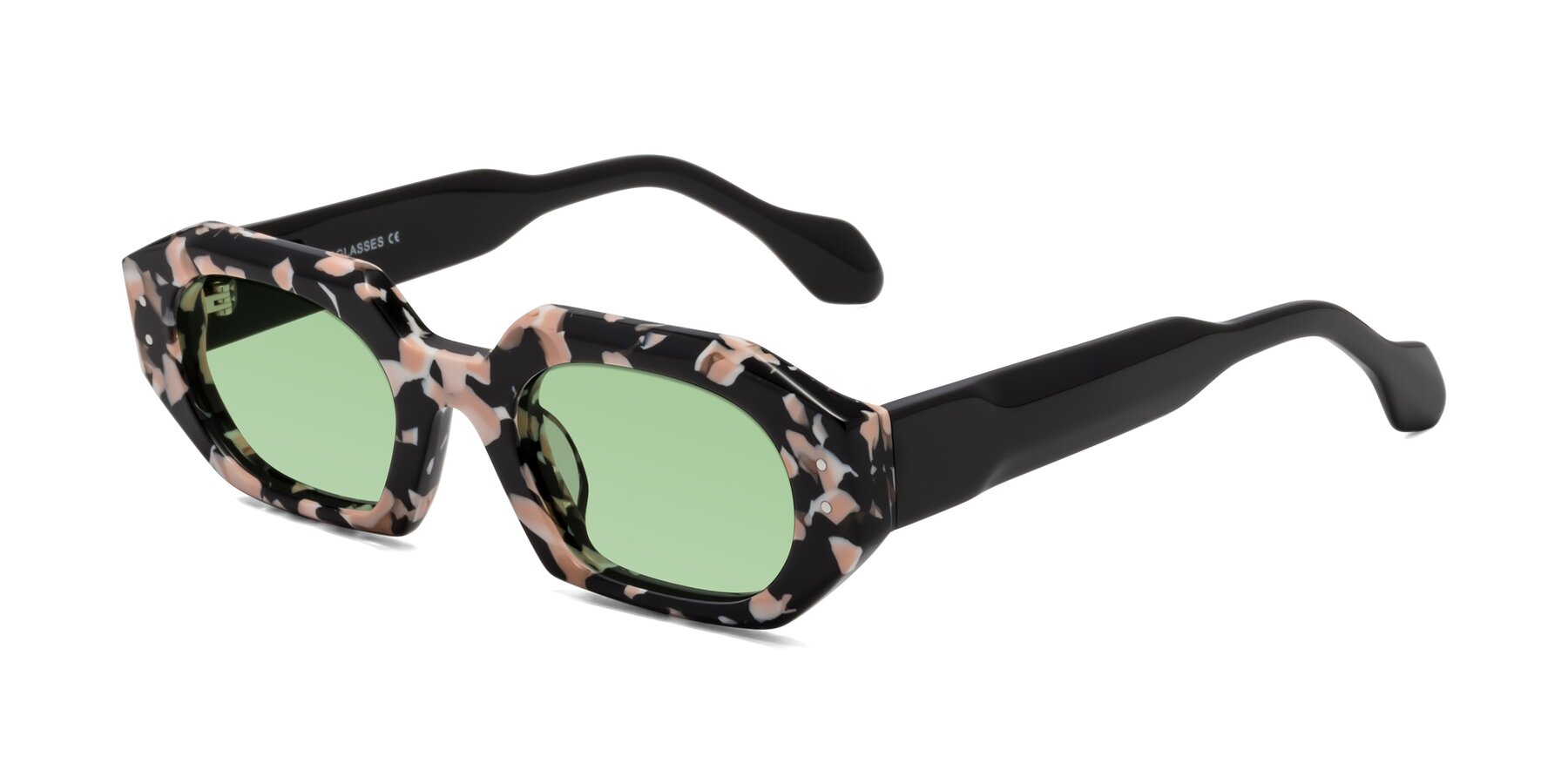 Angle of Molly in Pink Floral-Black with Medium Green Tinted Lenses
