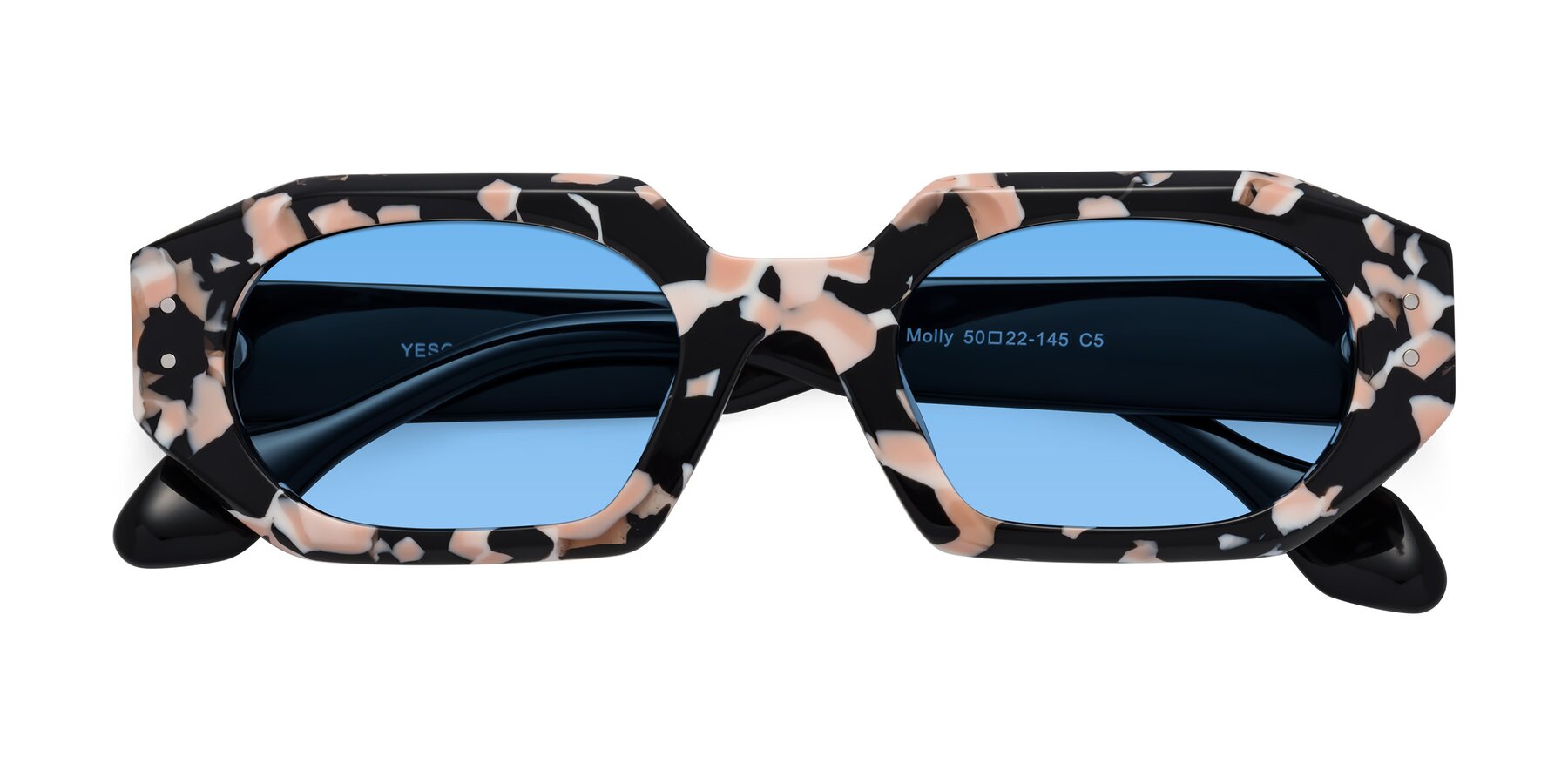 Folded Front of Molly in Pink Floral-Black with Medium Blue Tinted Lenses