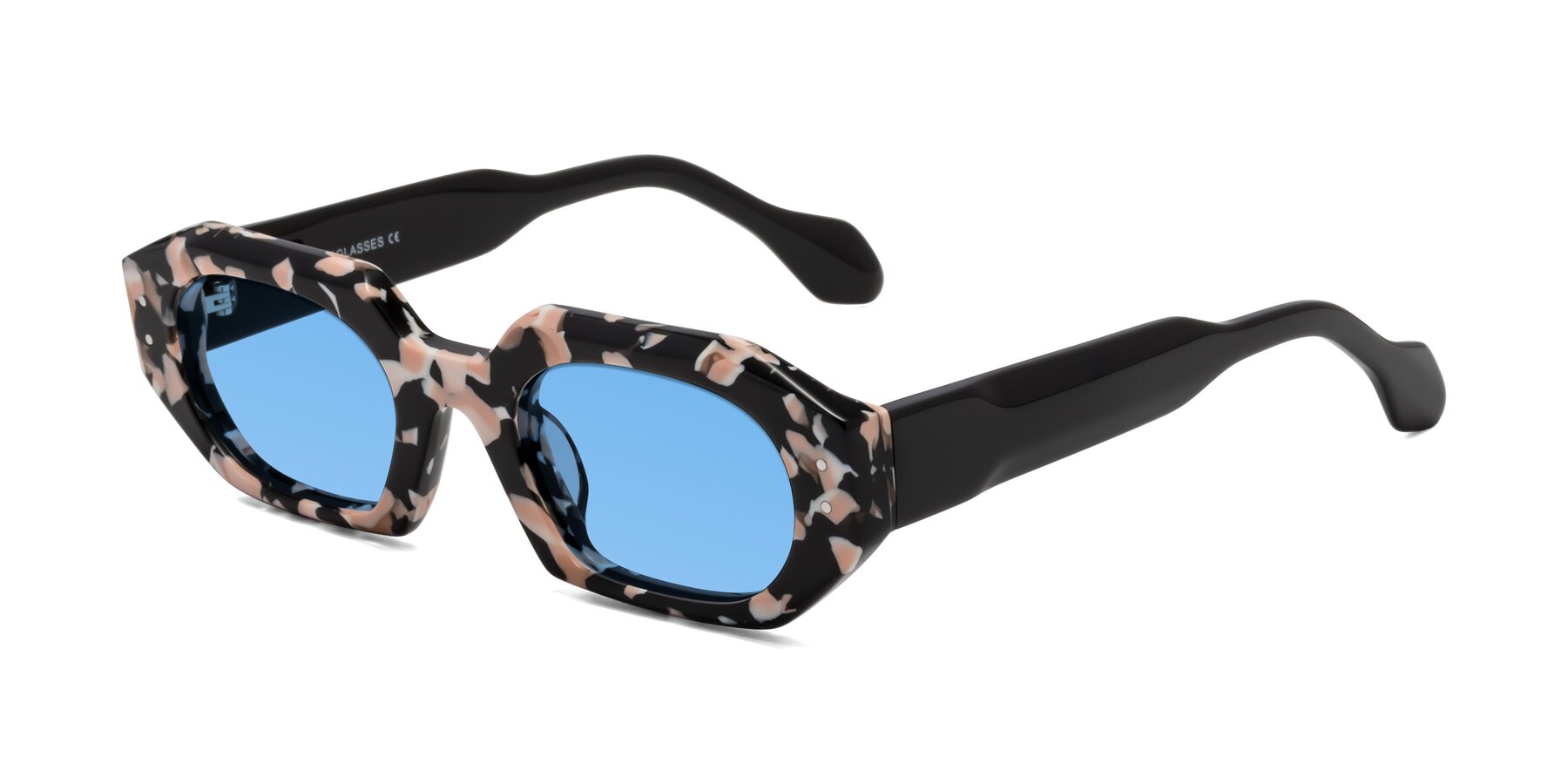 Angle of Molly in Pink Floral-Black with Medium Blue Tinted Lenses