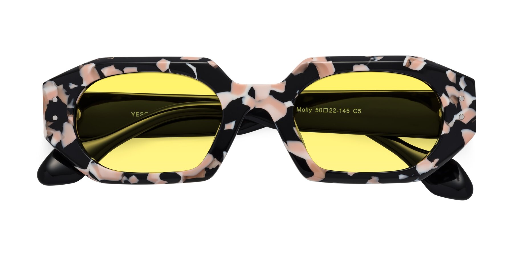 Folded Front of Molly in Pink Floral-Black with Medium Yellow Tinted Lenses
