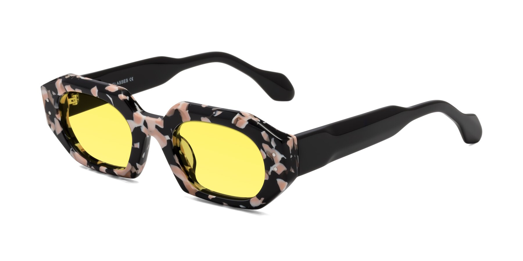 Angle of Molly in Pink Floral-Black with Medium Yellow Tinted Lenses