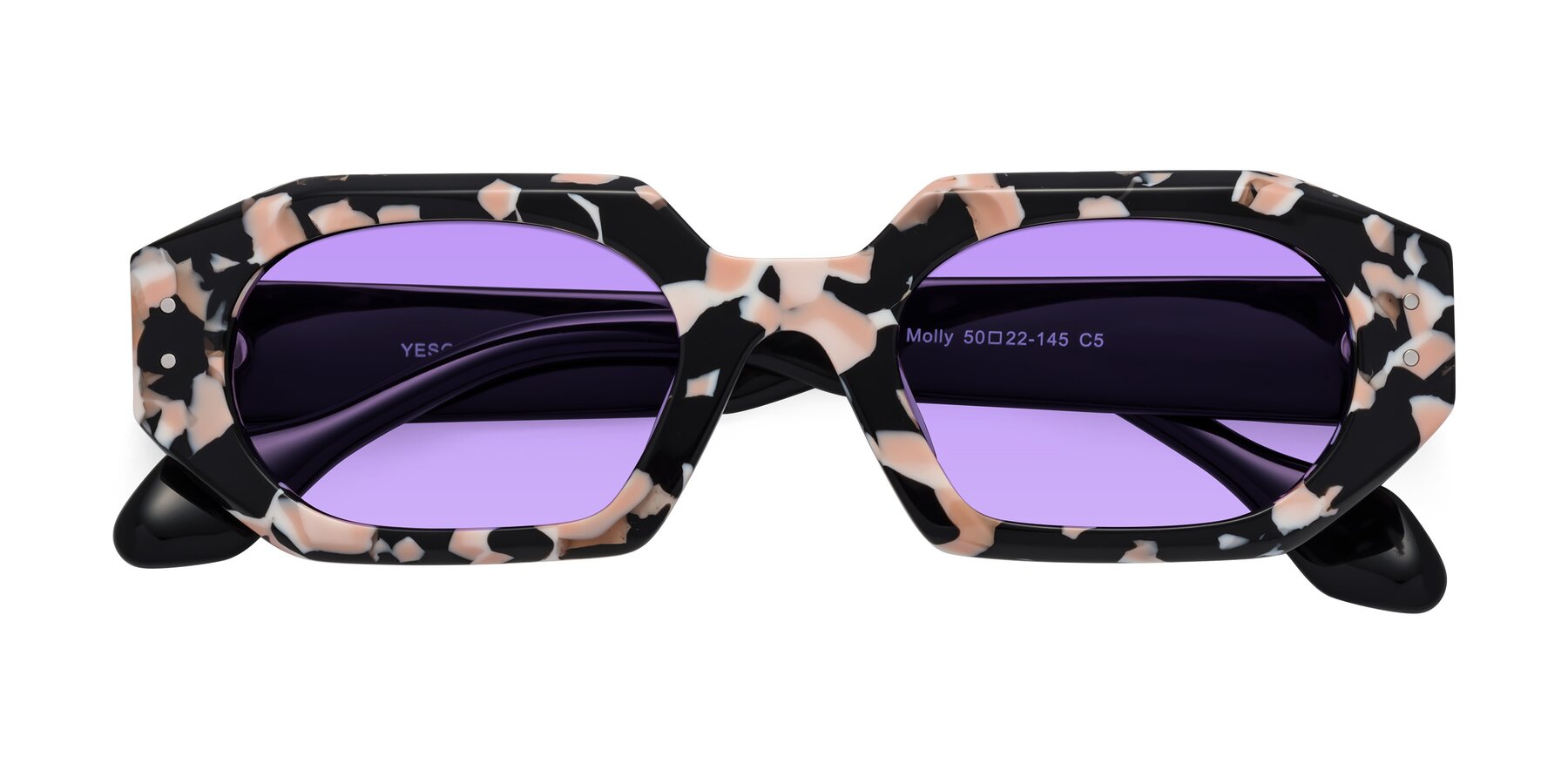 Folded Front of Molly in Pink Floral-Black with Medium Purple Tinted Lenses