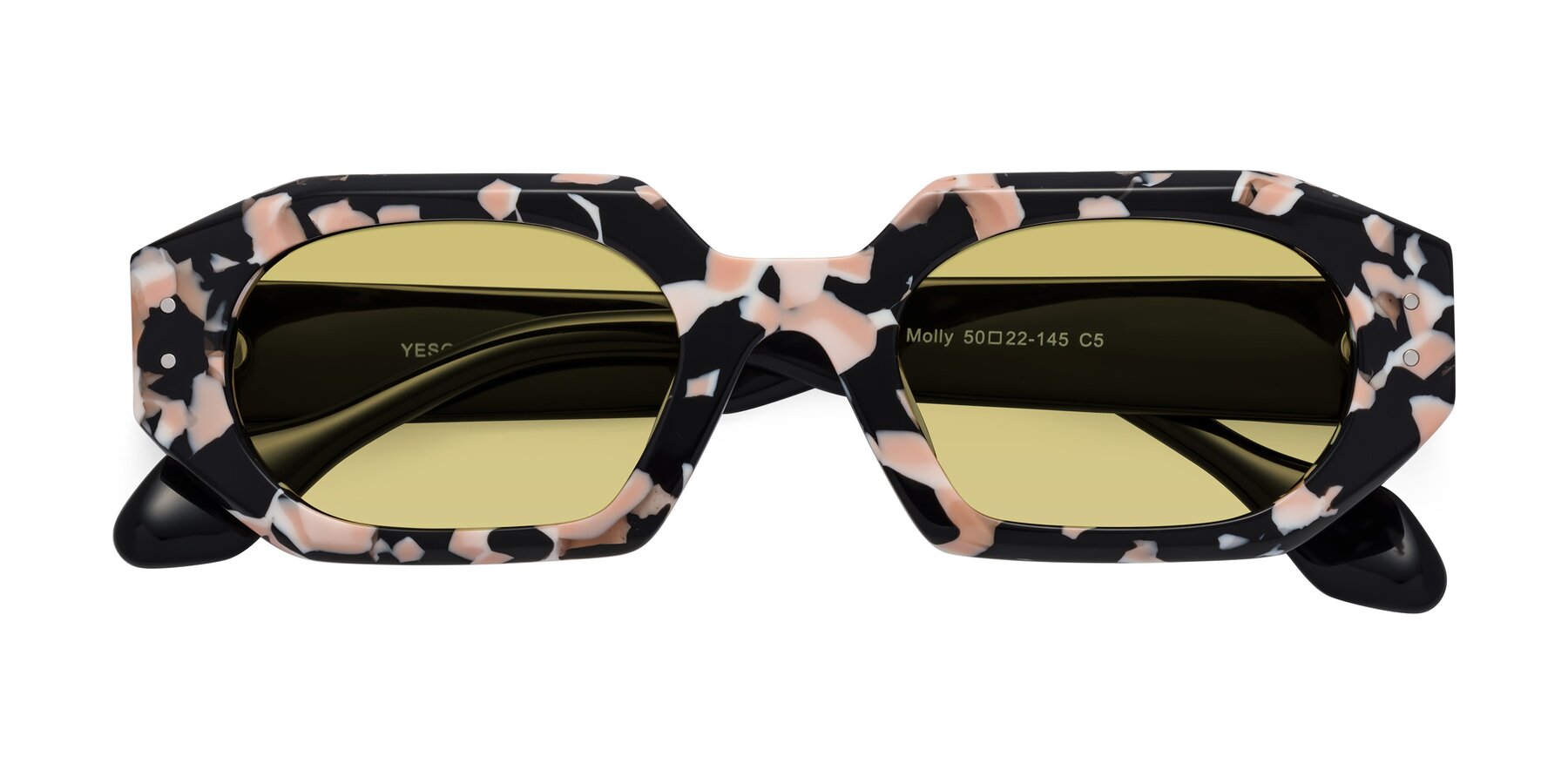 Folded Front of Molly in Pink Floral-Black with Medium Champagne Tinted Lenses